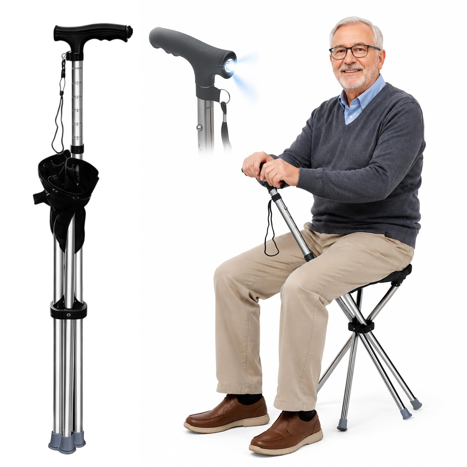 Canne Siège & Lampe de Poche LED, Réglable 74-96 cm, Canne de Marche Pliante Légère pour Seniors, Capacité 150 kg, Idéale pour Quotidien, Randonnée et Activités en Plein Air (Piles Non Incluses)