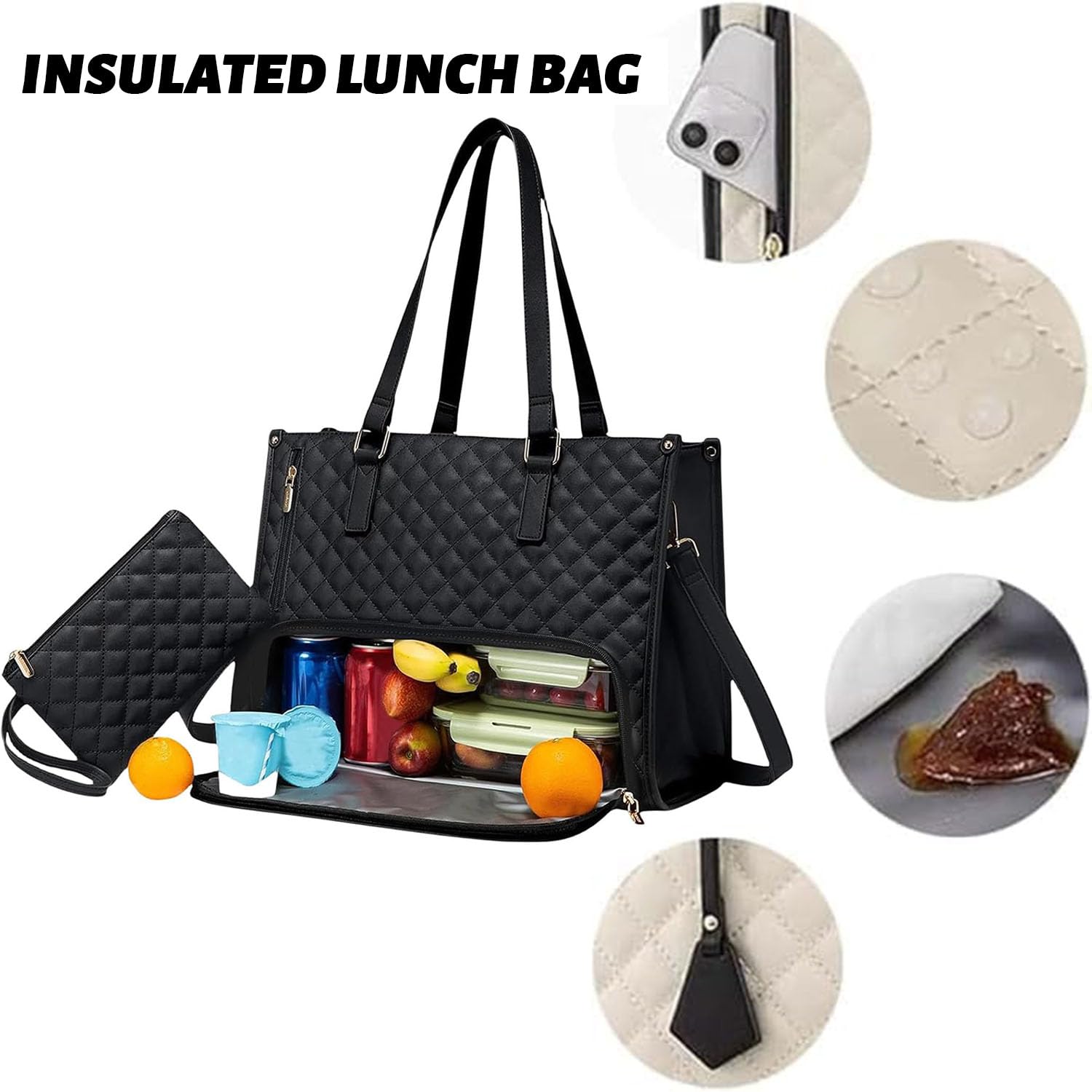 Borsa Tote 2 in 1 da 15,6 Pollici con Scomparto per il Pranzo - Borsa da Lavoro Grande per Ufficio (Nero)