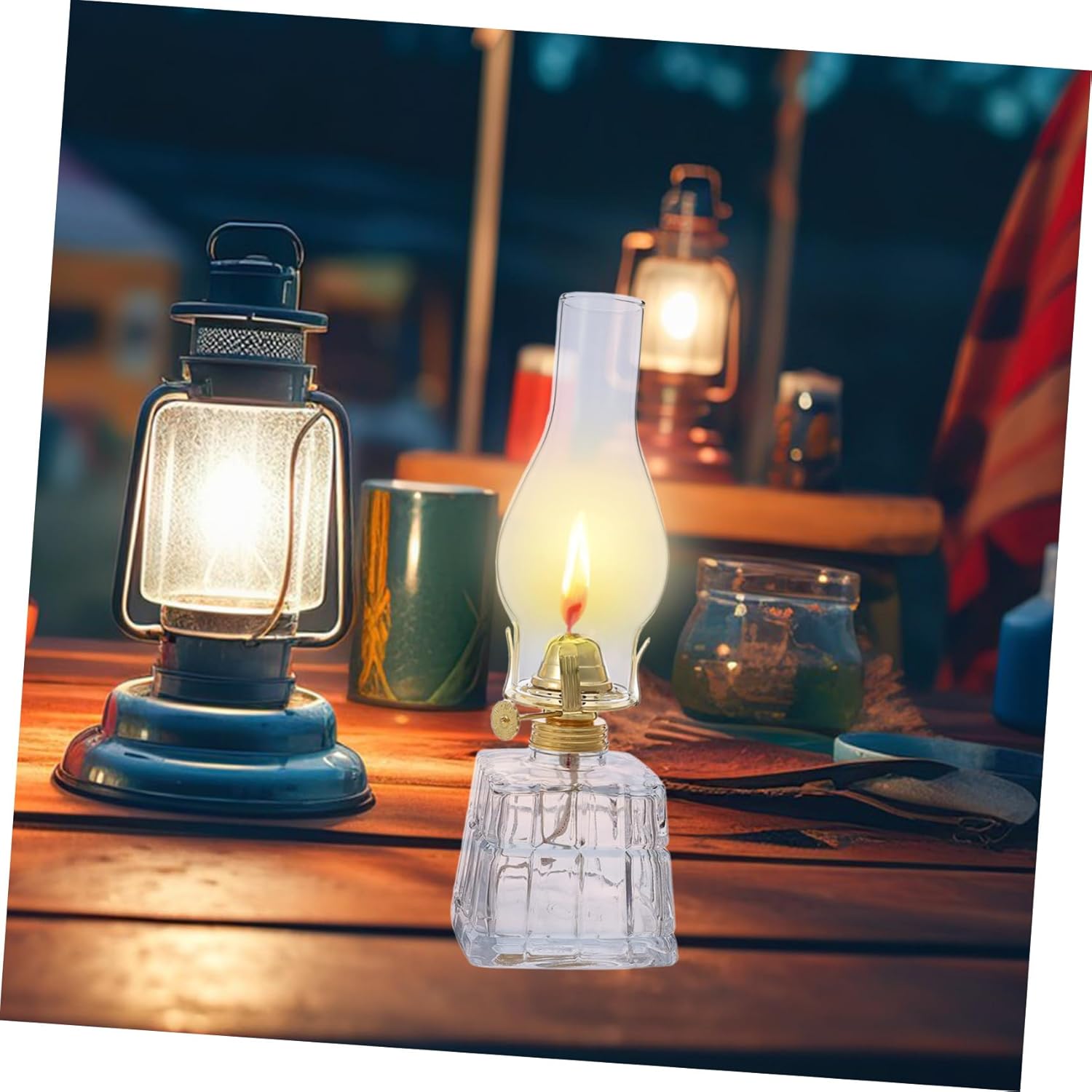 Vintage Square Kerosene Lantern Handcrafted Indoor Oil Lamp with Clear Glass Design Decorative Rustic Hurricane Lamp for Home Ambient Lighting and Emergency Use
