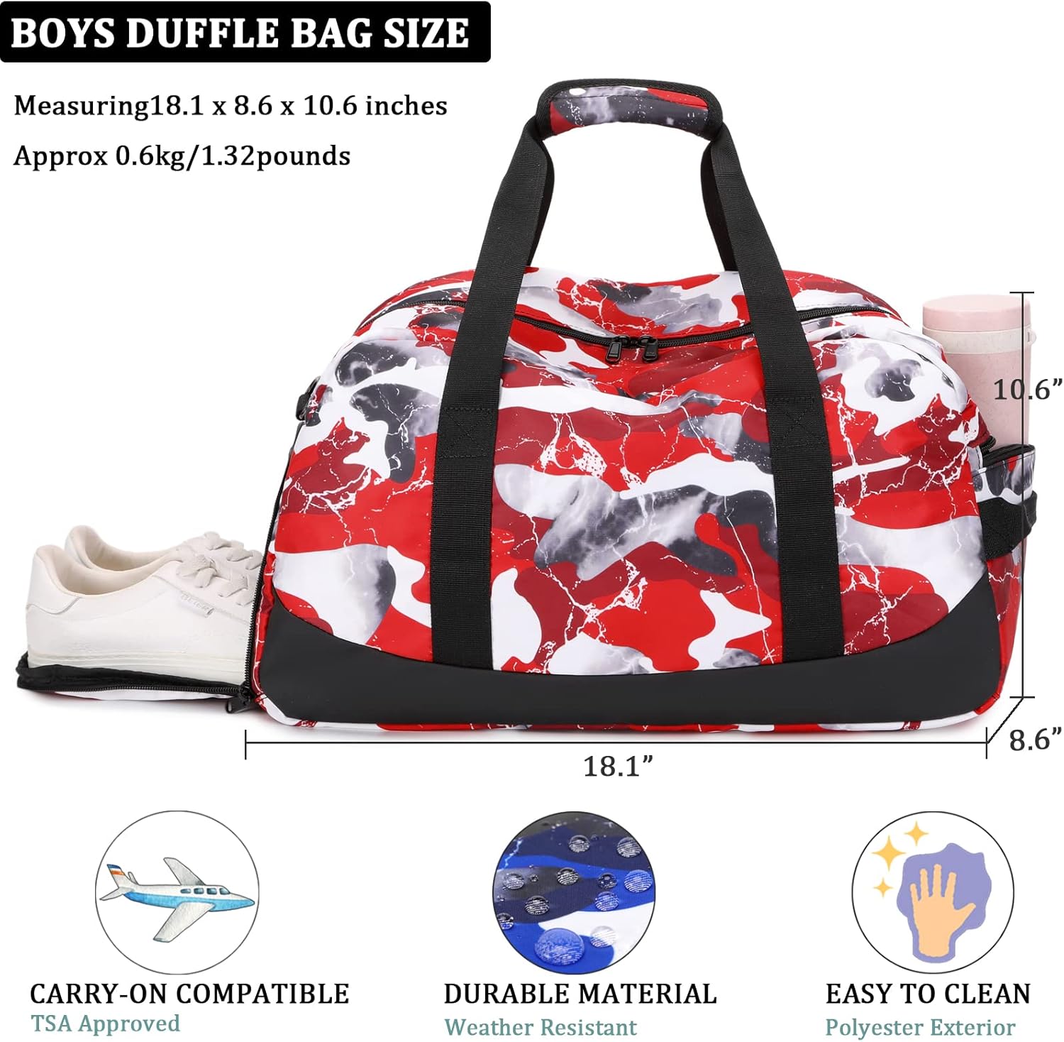 JIANYA Kids Duffle Bag Boys Sports Gym Bag with Shoe Compartment & Wet Pocket, Kids Carry On Weekender Travel Bag, Camo Red - Image 3