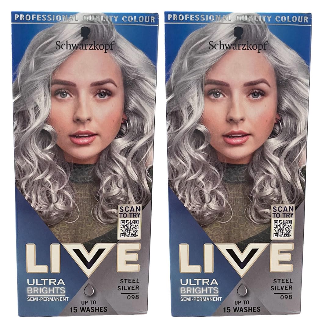 Schwarzkopf LIVE Ultra Brights Silver Hair Dye, Steel Silver 098 PACK OF 2