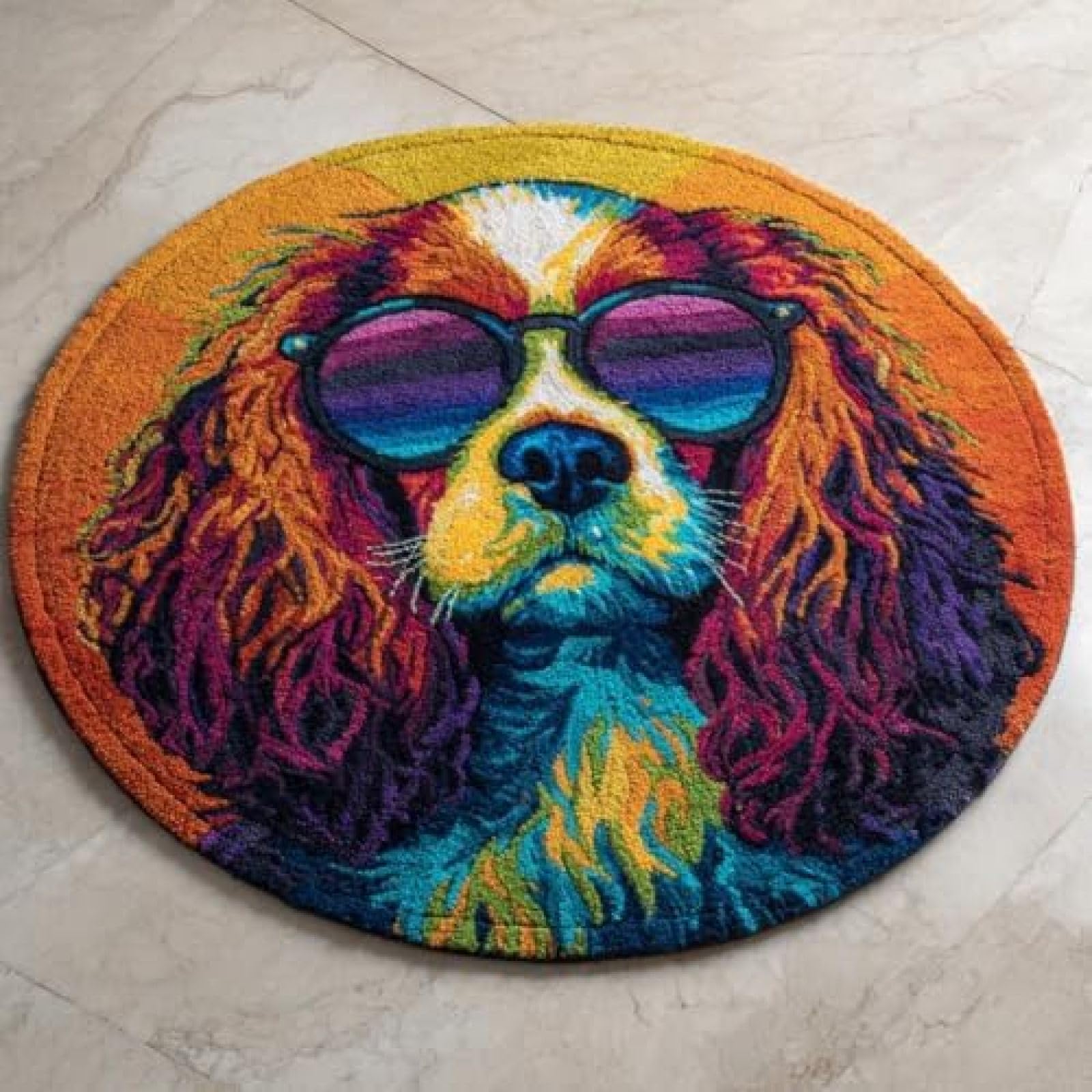 XDEGHUANGSS Latch Hook Rug Kit Spaniel Dog Puppy Wear Sunglasses Round Rug 52x52cm