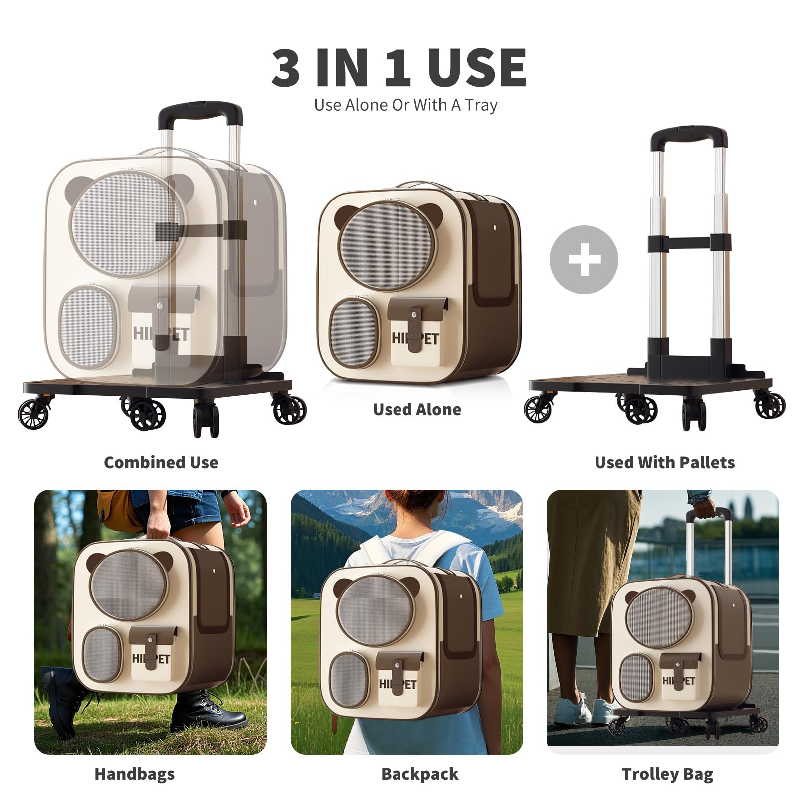 PETCUTE Transportín para Mascotas con Ruedas,Carga de 12.5 kg,Mochila para Perros con Asa Telescópica,Mochila Plegable para Gatos con Alfombrilla Extraíble,para Viajes/Senderismo,Marrón