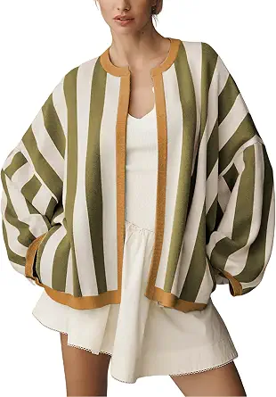 Women's Casual Loose Fit Striped Cardigan with Balloon Sleeves