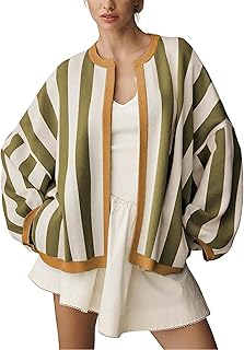 Women's Casual Loose Fit Striped Cardigan Long Balloon Sleeves Open Front Knit Sweater