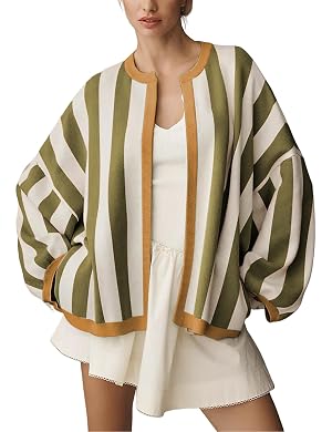 Womens Casual Loose Fit Striped Cardigan Long Balloon Sleeves Open Front Knit Sweater