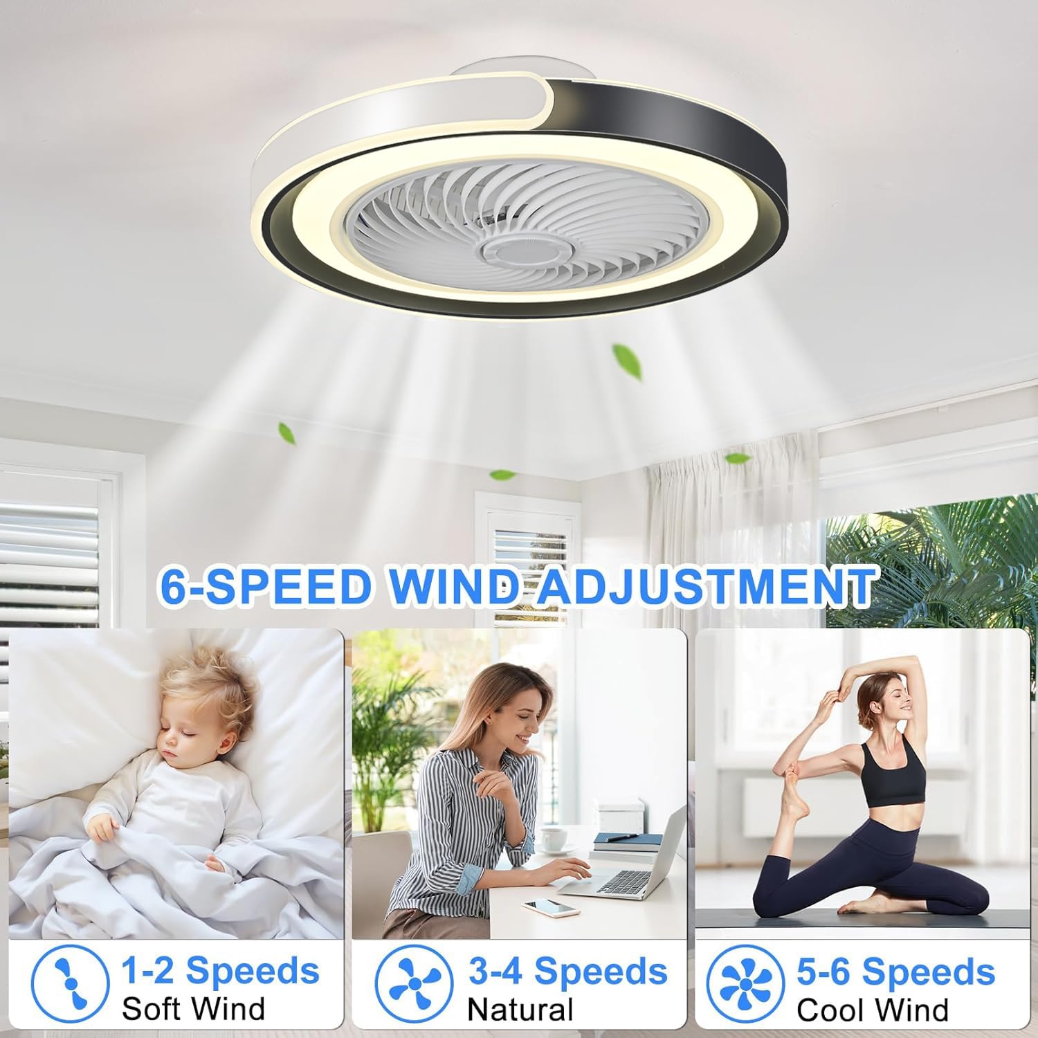 50cm Ventilateur Plafond Silencieux avec Lumiere, Dimmable Plafonnier LED 70W Ventilateur de Plafond avec télécommande APP, 6 Vitesses, Minuterie, pour Salon, Chambre, Cuisine(Noir+Blanc)