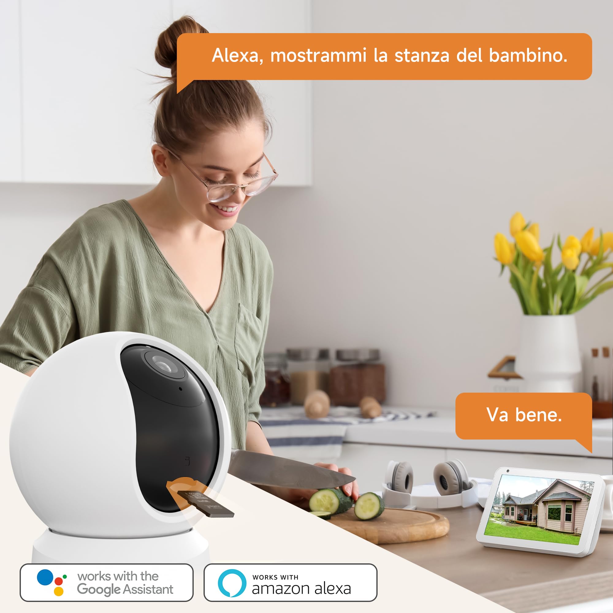 LAXIHUB Telecamera Wi-Fi Interno 2K 3MP, PTZ 355° Telecamera Sorveglianza Interno, Telecamera Cani con Visione Notturna, Rilevamento di Umano/Movimento, Audio Bidirezionale, Compatibile con Alexa