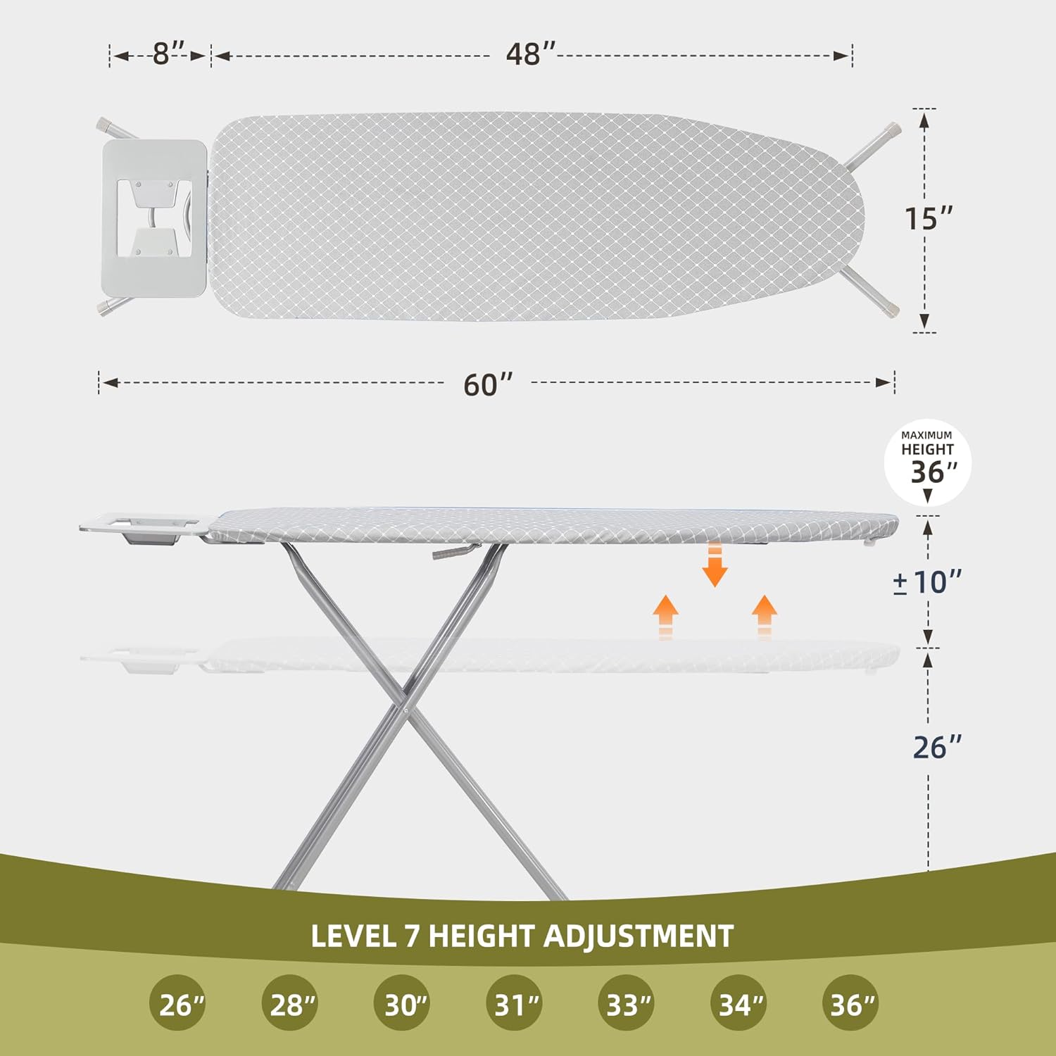 ironing board 48" x 15" with iron holder, adjustable height 26" to 36", full size space-saving foldable iron board with padded removable cover, sturdy steel frame and legs, gray checkered 48" x 15" gray checkered