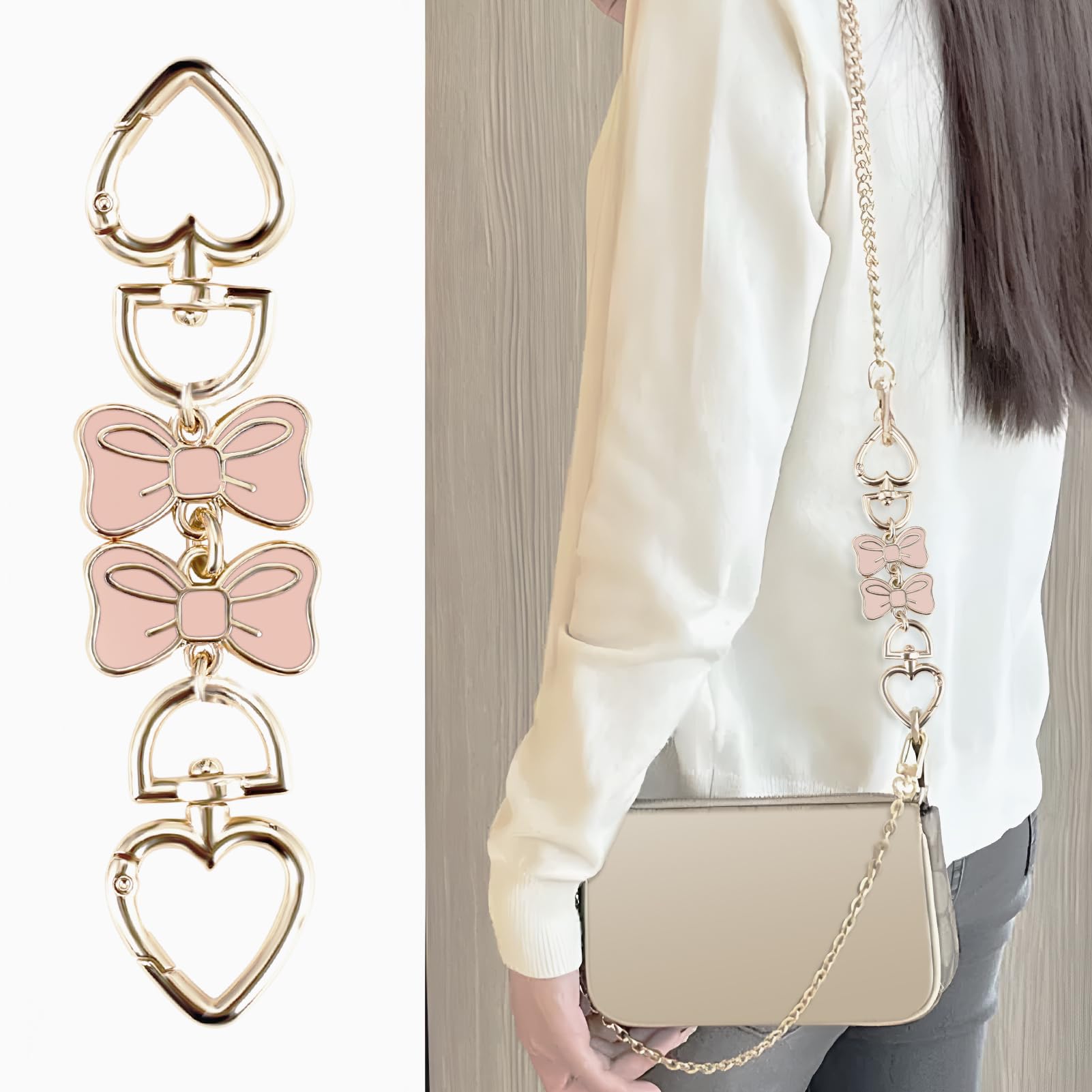 WANDIC 2Pcs Bag Chain Extender Set - Metal Replacement Straps With Heart & Bowknot Charms, Gold Tone Purse Handbag Chain - View #8