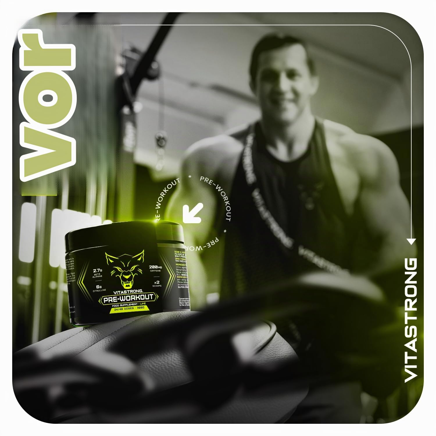 Pre Workout Booster mit Koffein 300g, Vegan Preworkout mit Vitamin B12, Citrullin, Beta-Alanin, Koffein Pulver, Taurin Pulver, AstraGin, Vitastrong Pre Workout (24 Portionen (1er-Packung), Lime)