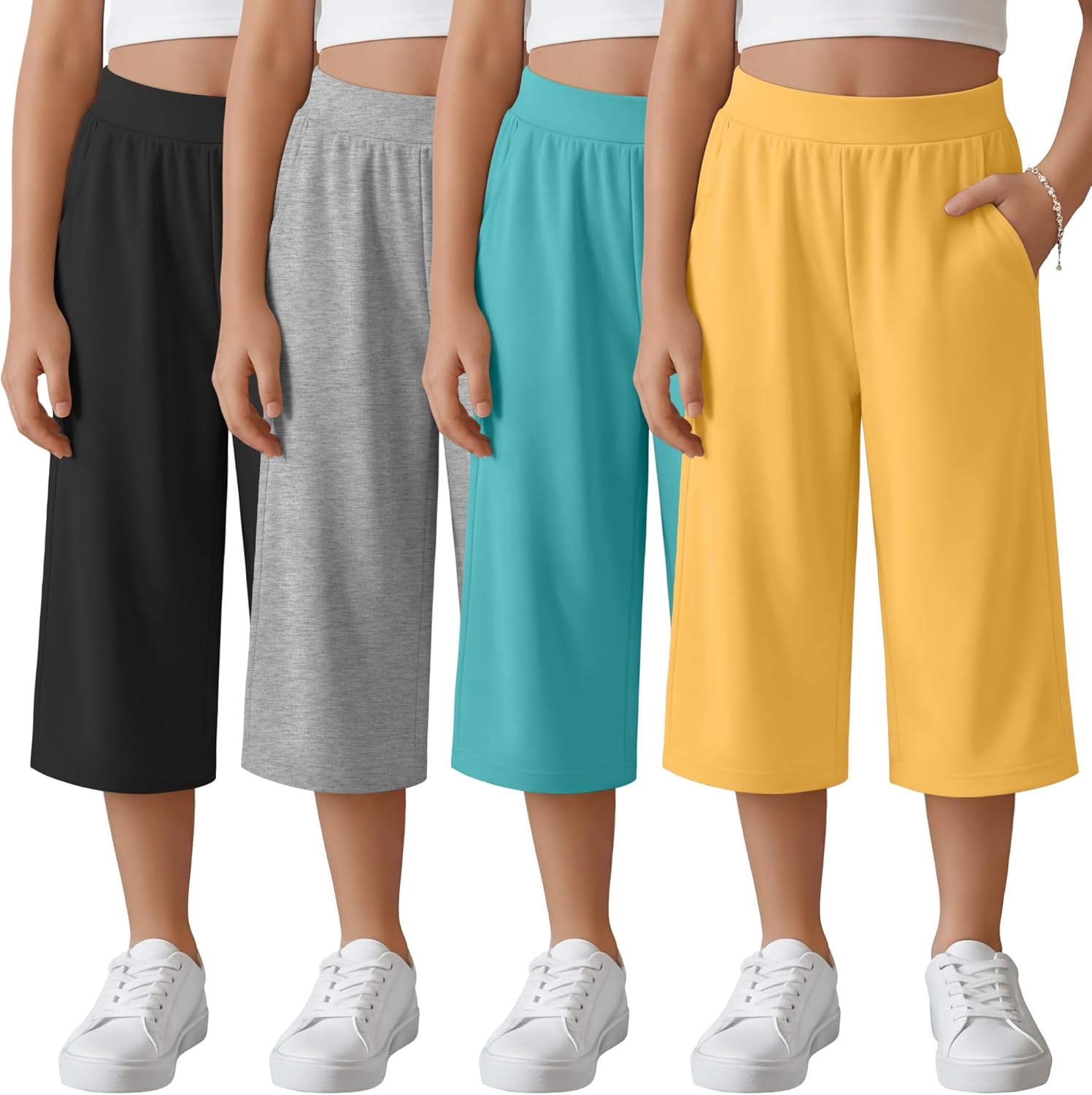 4 Pack Girls' Capri Pants Wide Legs Capris with Pockets Elastic Waist Workout Yoga Pants Loose Sweatpants for Kids