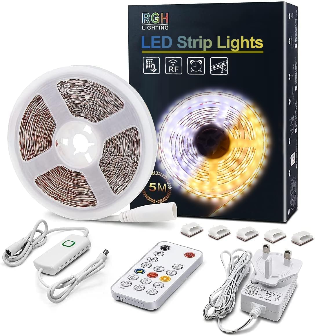 LED Strip Lights Warm White, 5m Dimmable LED Light Strip with RF Remote, 300 Bright 3000K 2835 LEDs, Plug-in Adhesive Rope Lights with Timing Mode for Living Room Bedroom Kitchen Cabinet Mirror Decor