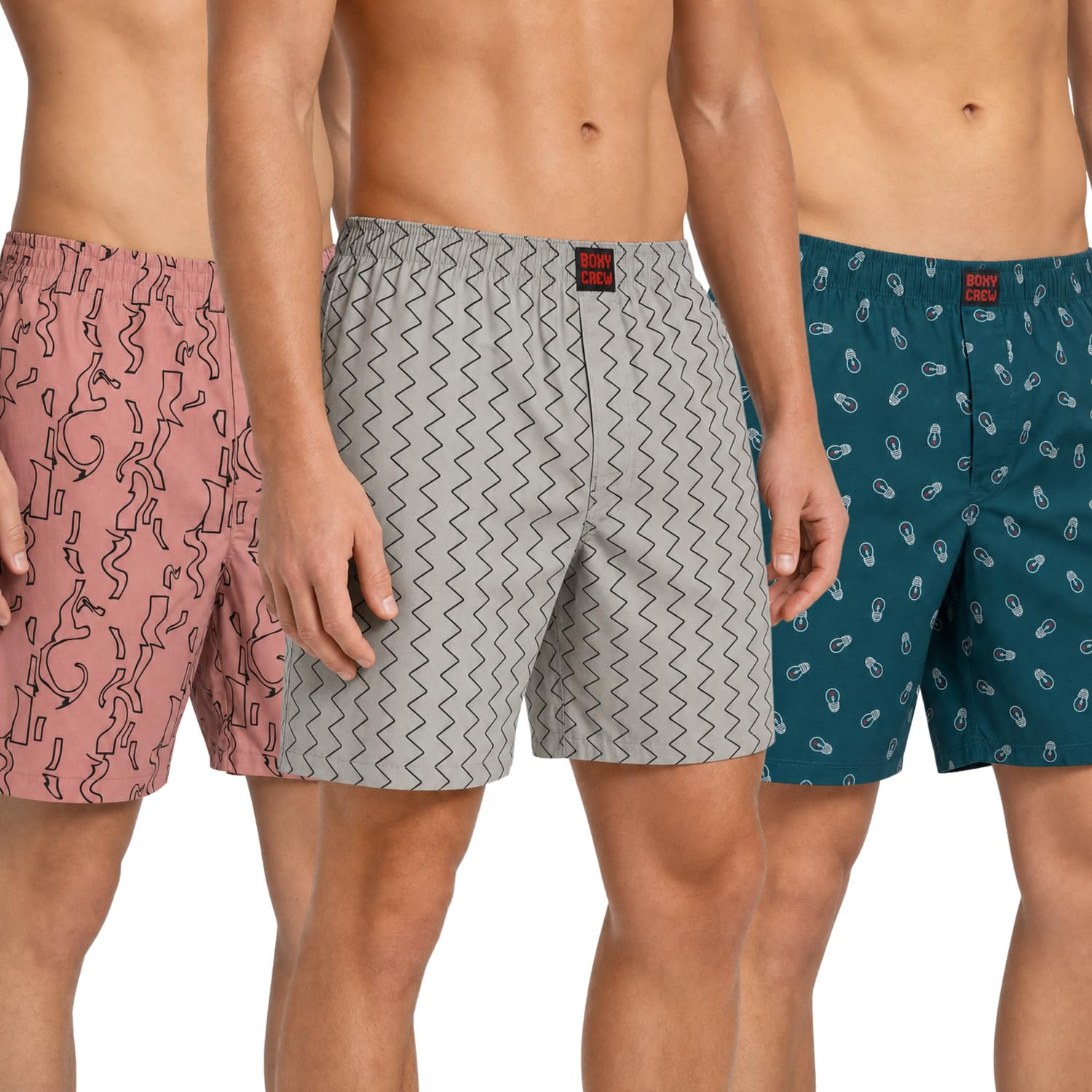 Men's 100% Cotton Printed Boxer Shorts Pack of 3 with Dual Side Pockets and Fabric-Covered Waistband - Brick/Grey/Teal, Styles MBX017, MBX018, MBX027-image-21