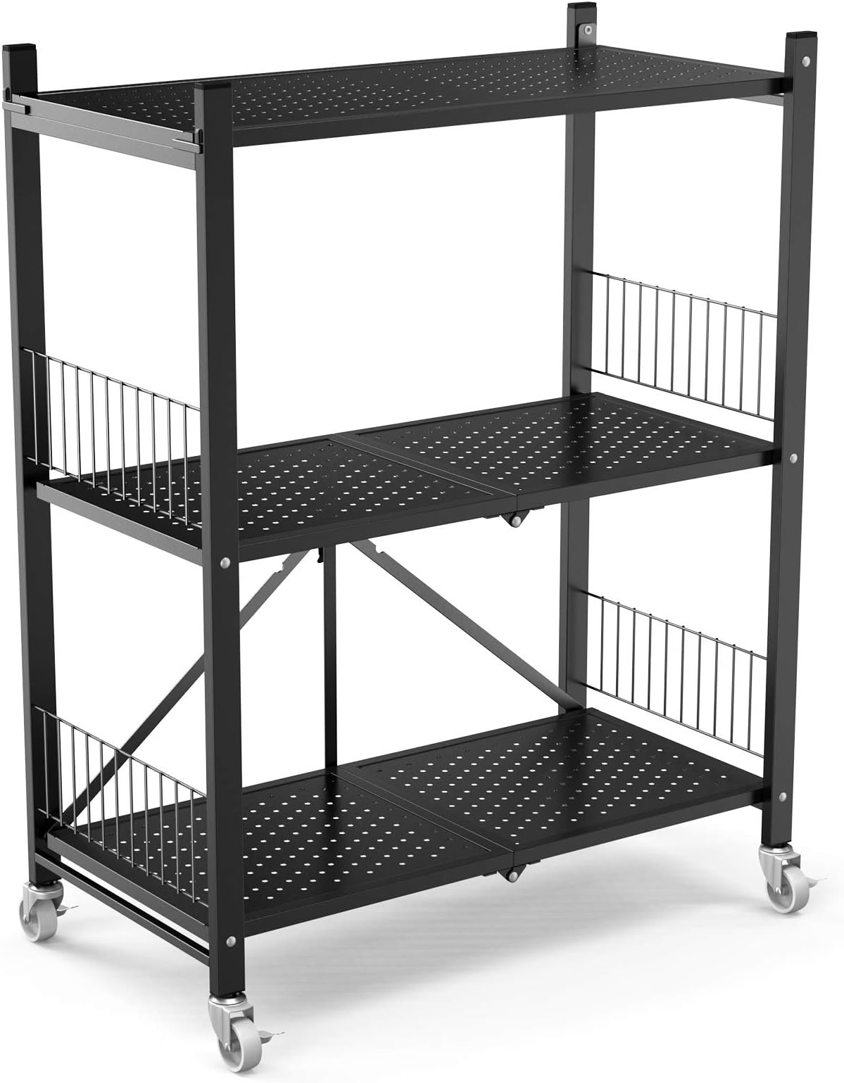 3-Shelf Collapsible/Foldable Heavy Duty Shelving Unit, Steel Organizer Wire Rack with Wheels, Rolling Cart, Home Kitchen Laundry Closet Storage(3-Tier)