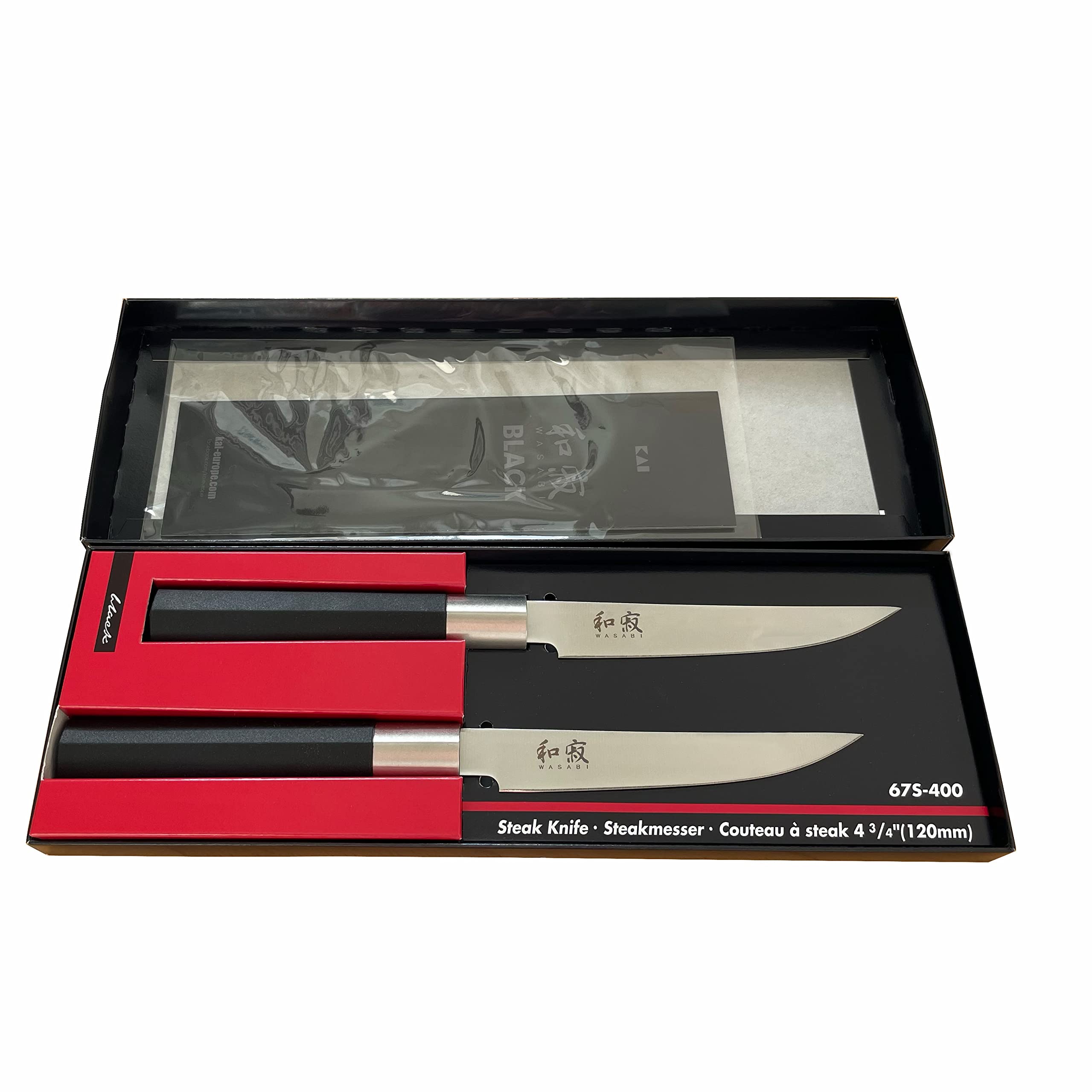 KAI Wasabi Black Steakmesser 67S-400 12cm - Angebotsset 4-teilig - Die erste Wahl für Steakliebhaber & Profi-Köche + 100% handgefertigtes Schneidebrett Unikat aus Eiche 30x22cm