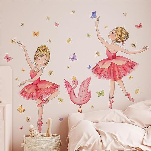 Decoración de ballet rosa para niña, calcomanías de arte de pared para niña bailarina, encantadora princesa con mariposa, colorido arte de pared