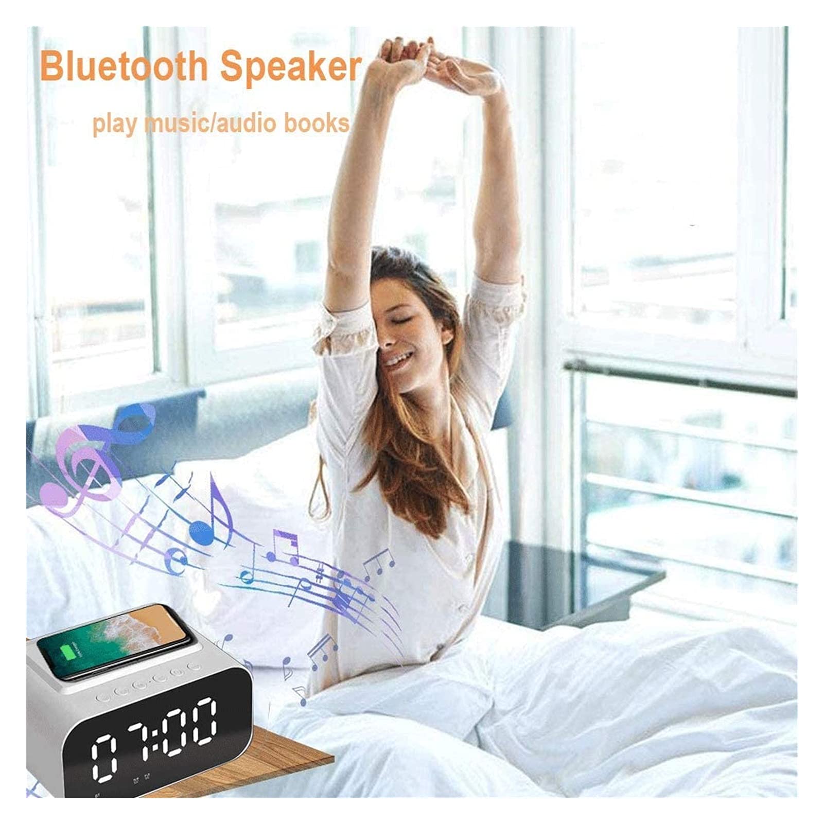 Reloj de alarma digital de carga inalámbrica, espejo DIRIGIÓ Exhibir con USB Puerto, altavoz FM Radio de reloj, Dual alarma, Llamada de manos libres para dormitorio en la cama del hotel (blanco)
