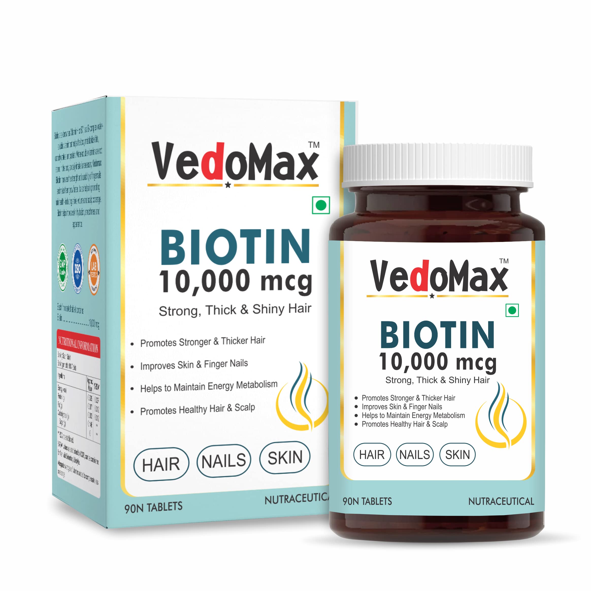VedoMax Biotin Triple Strength for Hair Growth, Strong Hair, Glowing Skin & Strong Nails - 90 Tablets