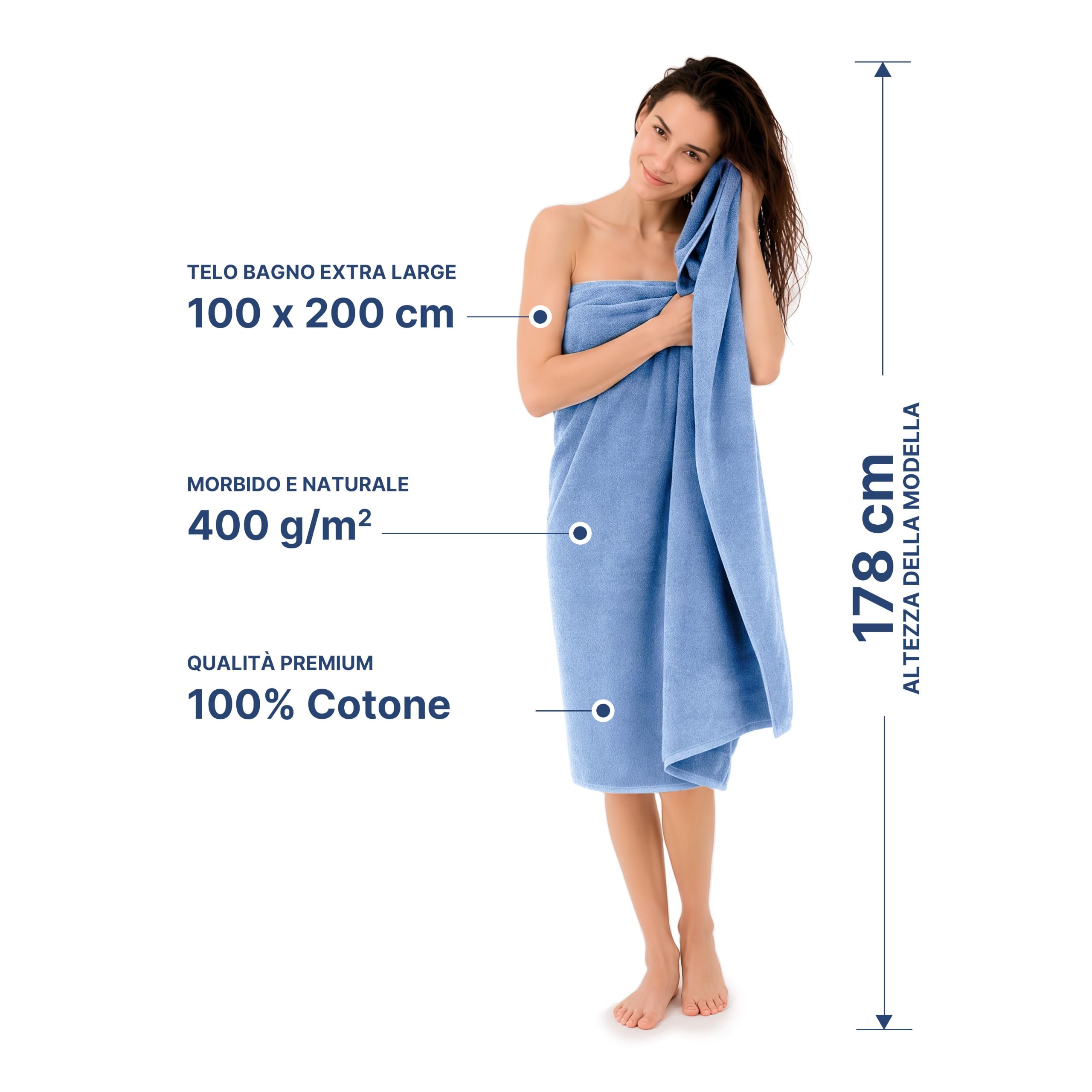 altego Asciugamano da bagno Grande 100x200 cm - Telo doccia in 100% cotone premium - Asciugamano Grande doccia 100x200 - Telo spugna morbido assorbente - Telo sauna spa mare (Blu)