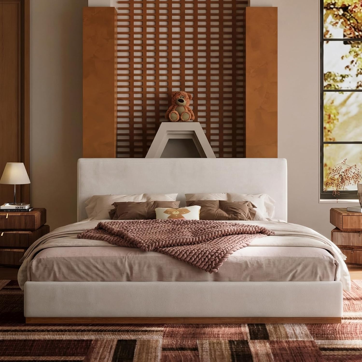 Queen Size Modern Cloud Bed, Platform Bed with Soft Thick Headboard,Block White Fabric Upholstered Bed with Nice Wood Grain Textured Solid Wood Base Frame, Wooden Slats (White, Queen (U.S. Standard))