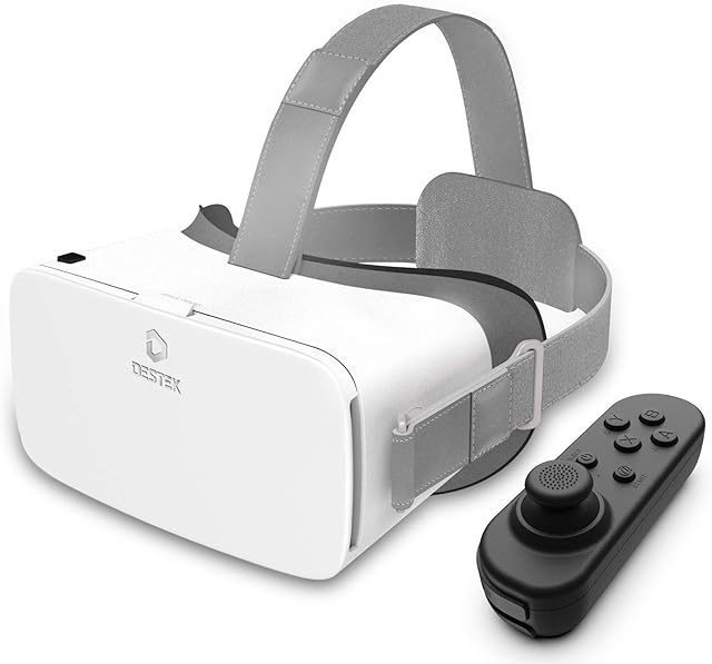 DESTEK V5 VR Headset for Phone, Virtual Reality Headset w/Bluetooth Controller 110°FOV Eye Protected HD VR Glass for Phone w/ 4.7-6.8in Screen, for Android & iPhone 13/12/11 (white)