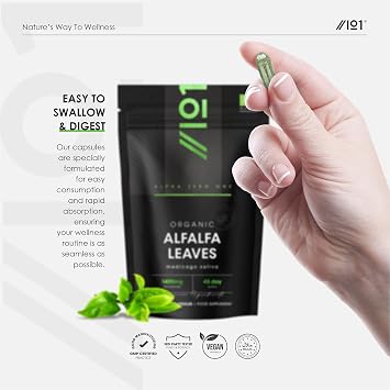Organic Alfalfa 1400mg - 90 Vegan Capsules – High Strength Alfalfa Supplement – Resealable and Recyclable Pouch – By Alpha01