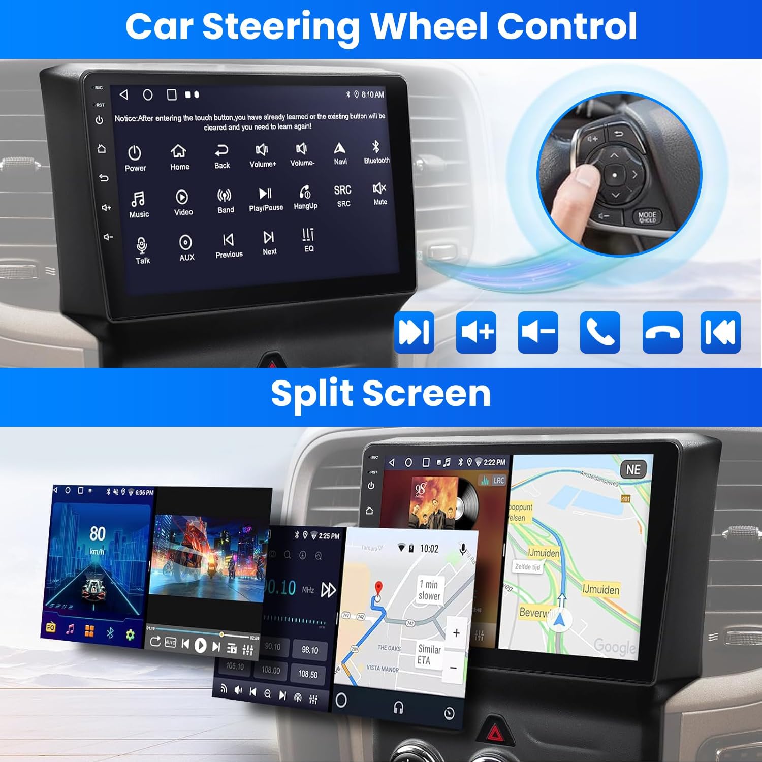 Car stereo screen showing split-screen functionality with navigation on one side and media playback on the other.