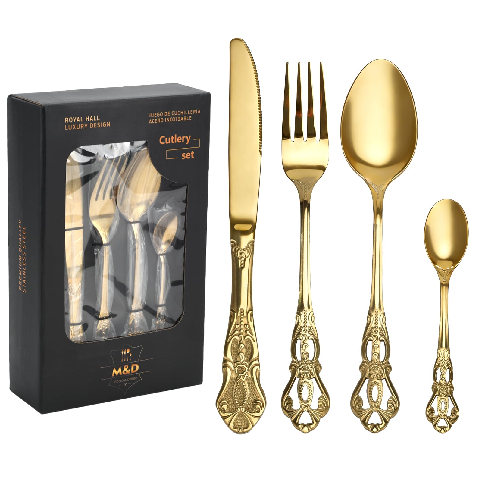 Juego de 24 cubiertos dorados de acero inoxidable – Cubiertos de plata para 6 personas con cuchillo, tenedor, cuchara, acabado espejo y apto para lavavajillas, patrón tallado