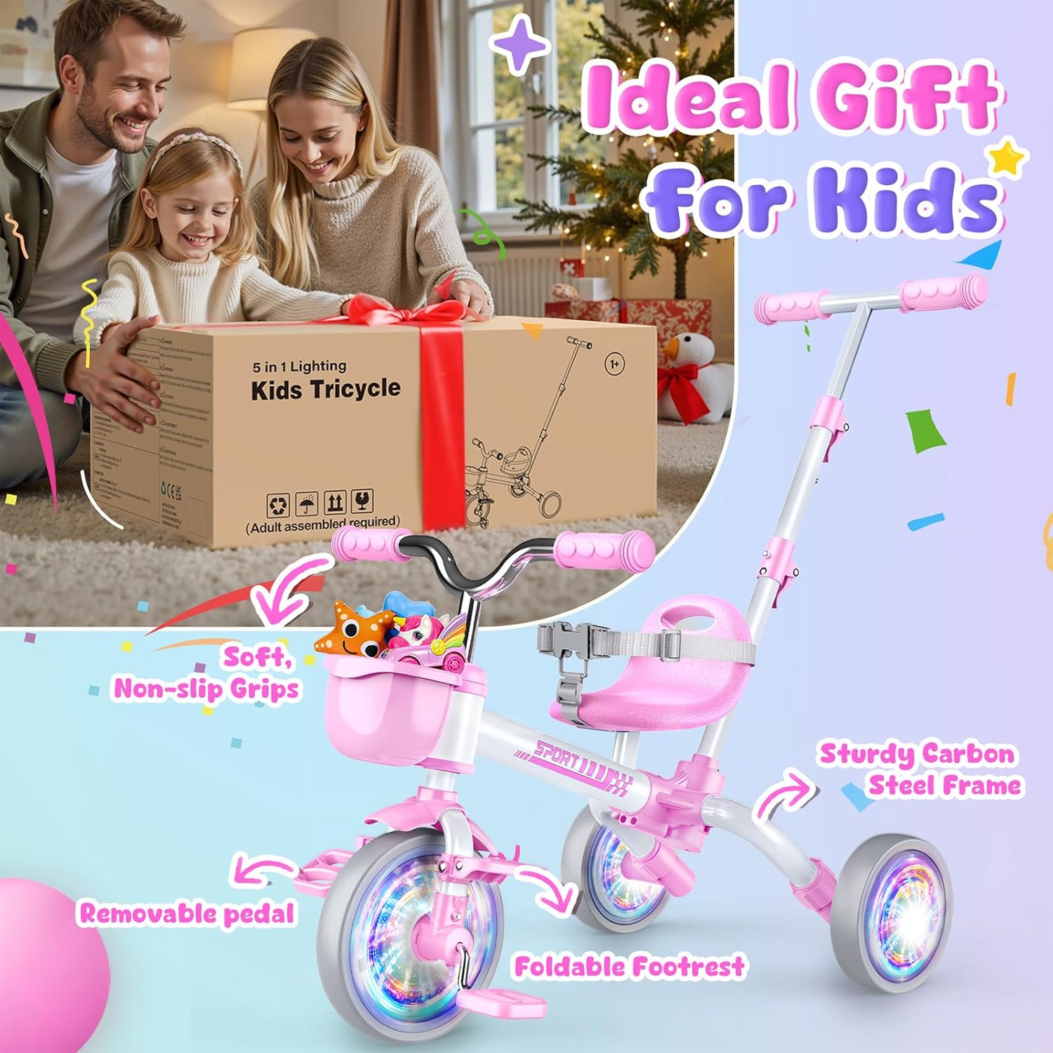 5 in 1 Toddler Bike for 1-5 Year Old, Tricycle with Push Handle, Convertible Baby Balance Bike, Bicycle, Color Light Wheel & Detachable Pedal, 4-Position Seat, Toddler Girl Birthday Gift, Toy