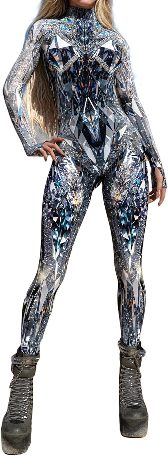 Crystal Shard Bodysuit Women Sci-Fi Fantasy Reflective Armor Cosplay Costume Party Jumpsuit with Hidden Zipper