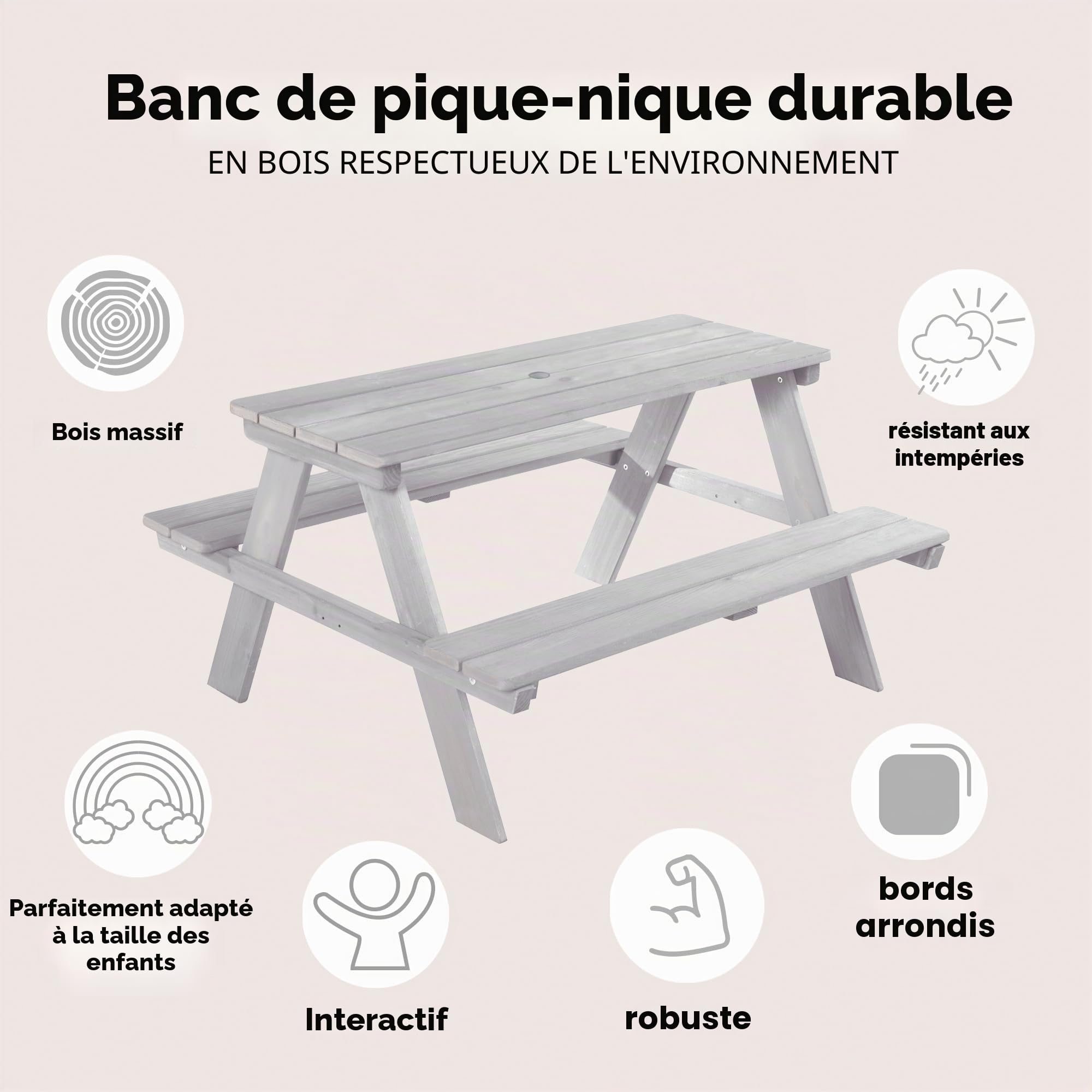 roba Ensemble de Table et Bancs avec Trou de Parasol Picnic for 4 Outdoor+ 4 Places - Bois Massif Résistant aux Intempéries - 89 x 85 cm - Supporte 100 Kg - Teinté Gris