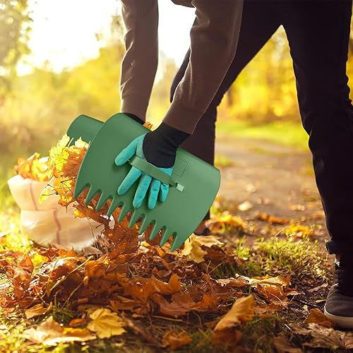 Miniatura 4 de Juego de rastrillo de hojas de metal ajustable, 25 dientes, mango de 38 a 73 pulgadas, 19 pulgadas de ancho con 2 bolsas de hojas y cucharas de 32