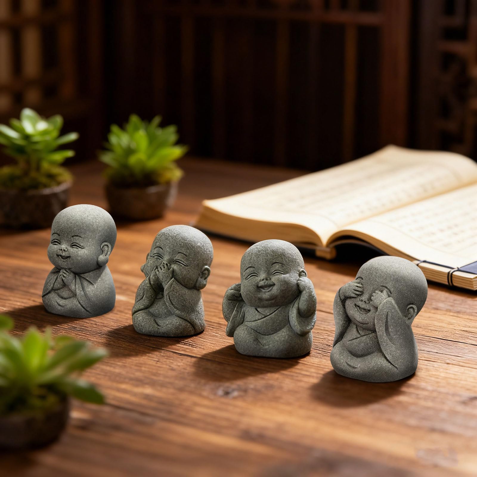 4Pcs Baby Buddha Statue Set, 2 Inch Mini Zen Monk, Sandstone Buddha for Desk Decor, Laughing Buddha for Good Luck, Car Dashboard, Home & Living Room Decor with Blessing Amulet