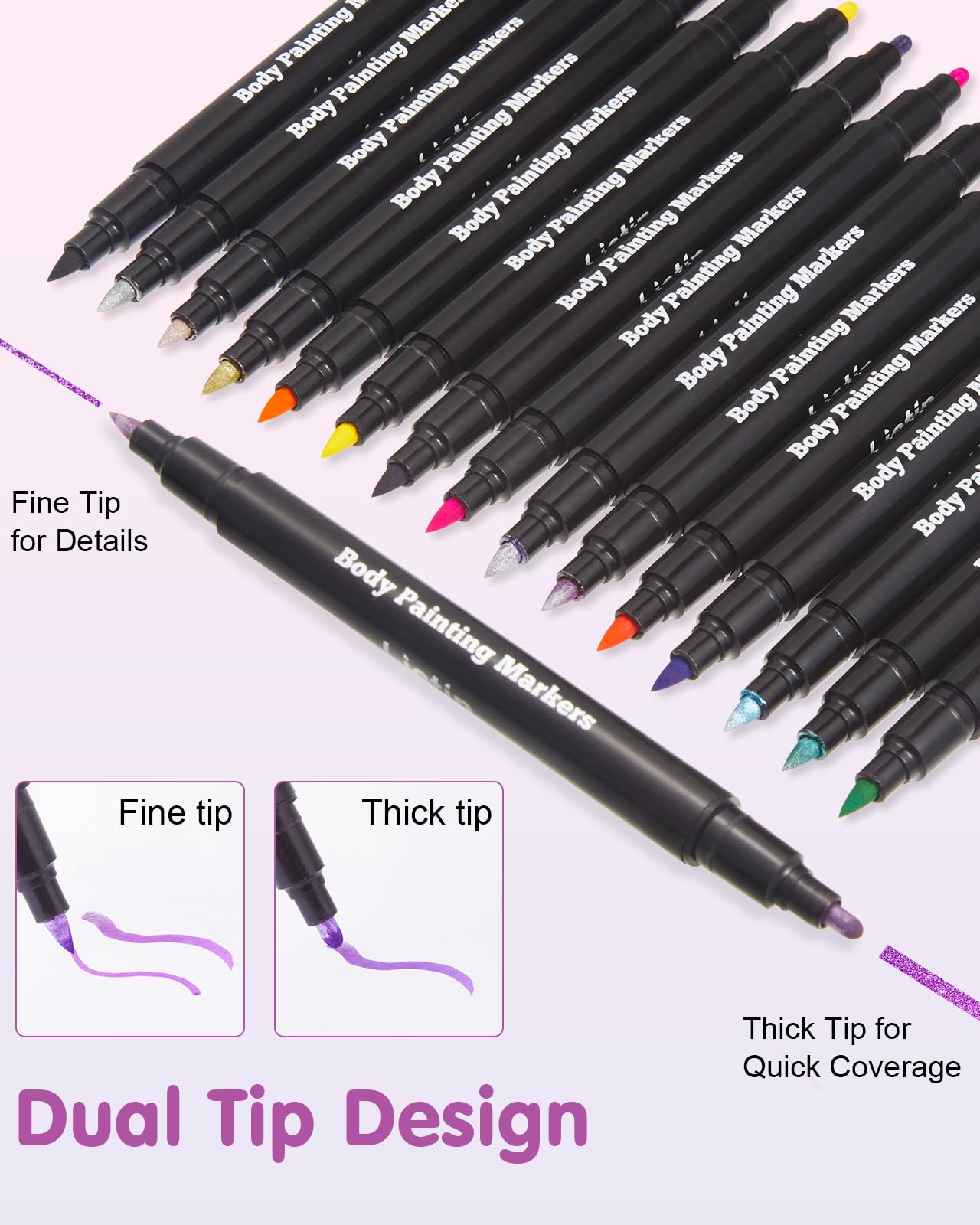 Lictin Temporary Tattoo Markers for Skin 16 Colors Dual-End Skin Tattoo Pens with 80 Tattoo Stencils - Image 3