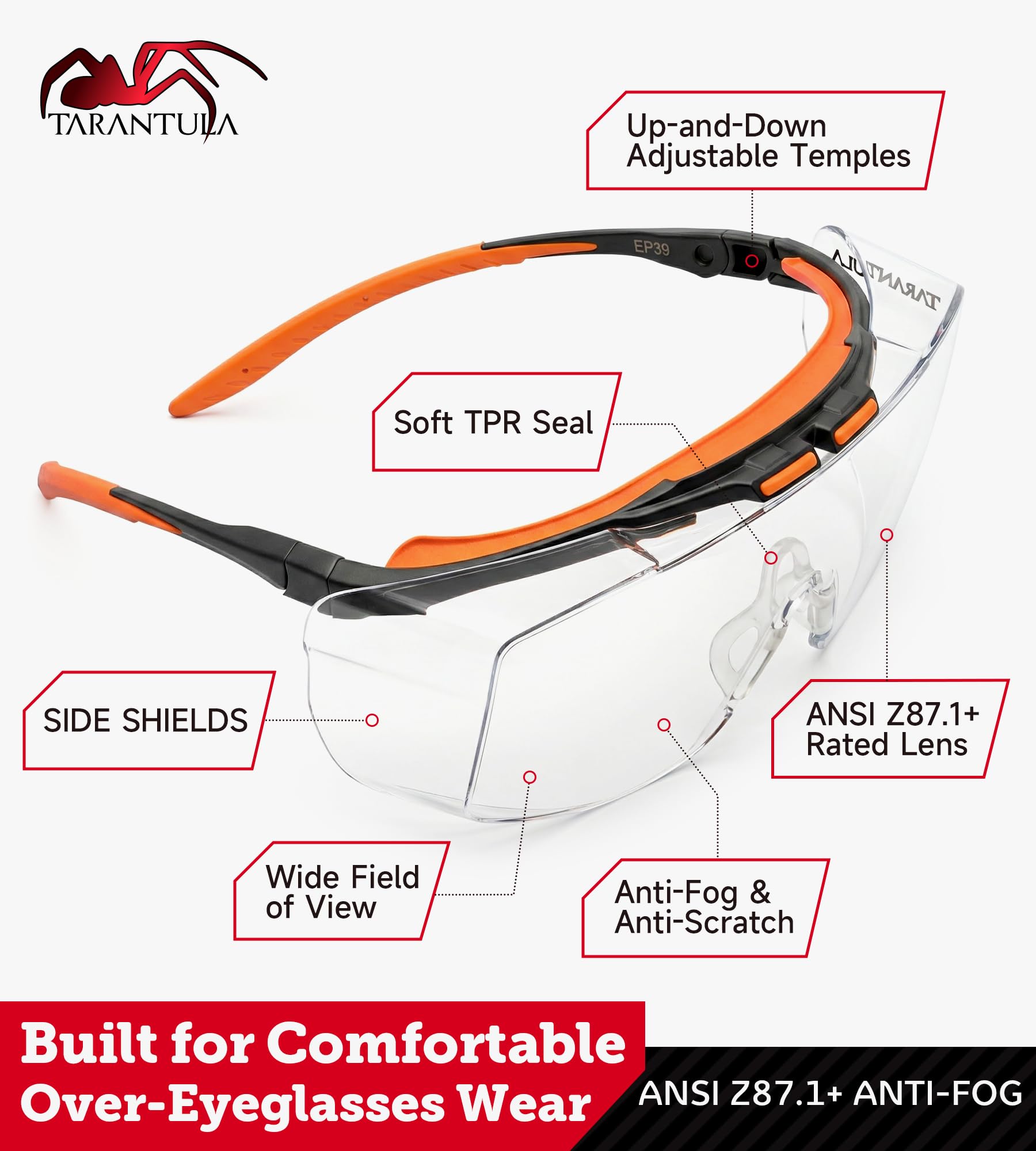 Tarantula ANSI Z87+ - Gafas de seguridad para hombres y mujeres, lentes antiarañazos, protectores laterales, patillas antideslizantes ajustables, gafas protectoras UV