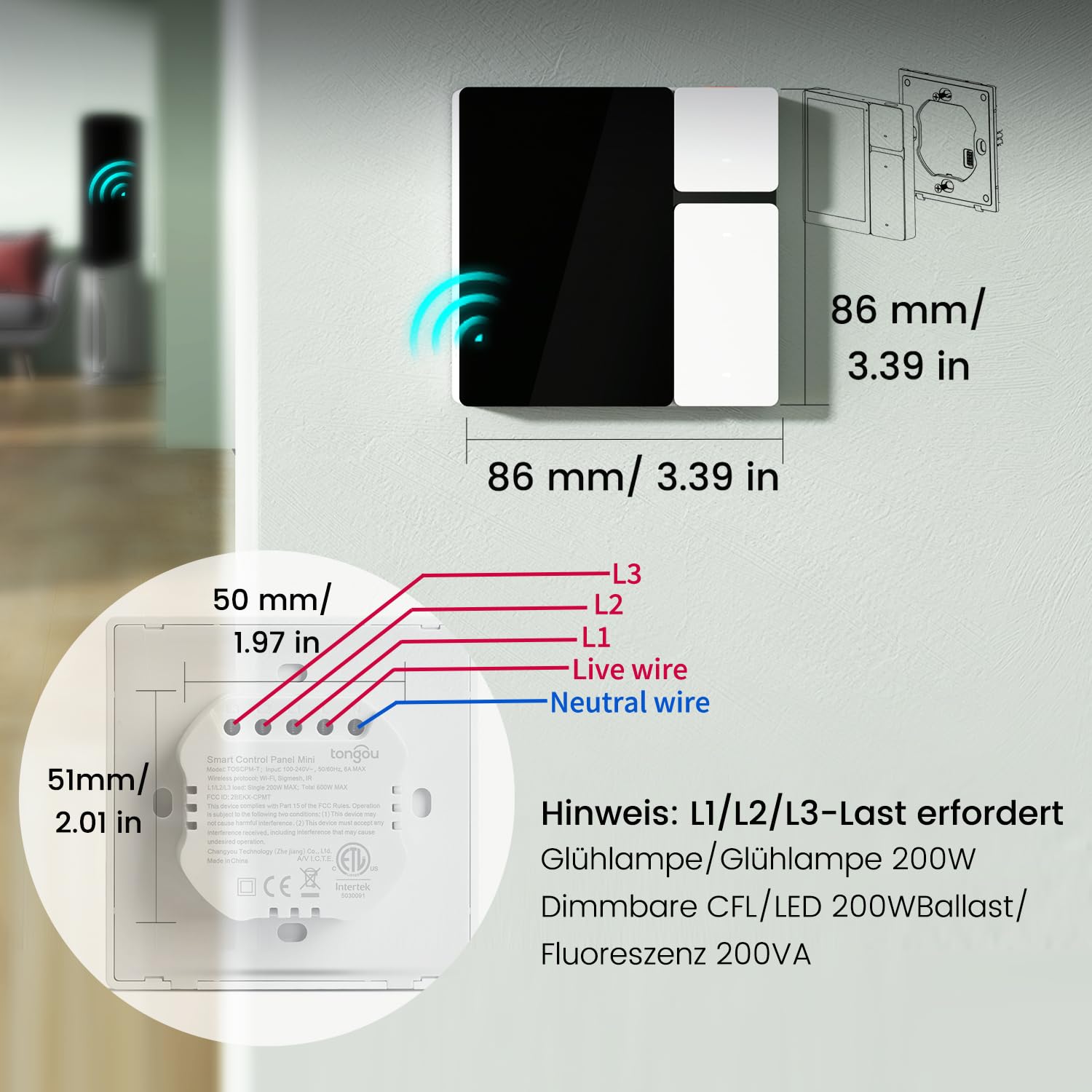TONGOU Smart Home Bedienfeld, 3,5-Zoll, 2,4-GHz WLAN Connect, BLE Mesh Hub，Unterstützt Sigmesh,IR,Smart Life/Tuya-App, unterstützt Alexa, verfügt über drei physische Tasten, drei Relaiskanäle