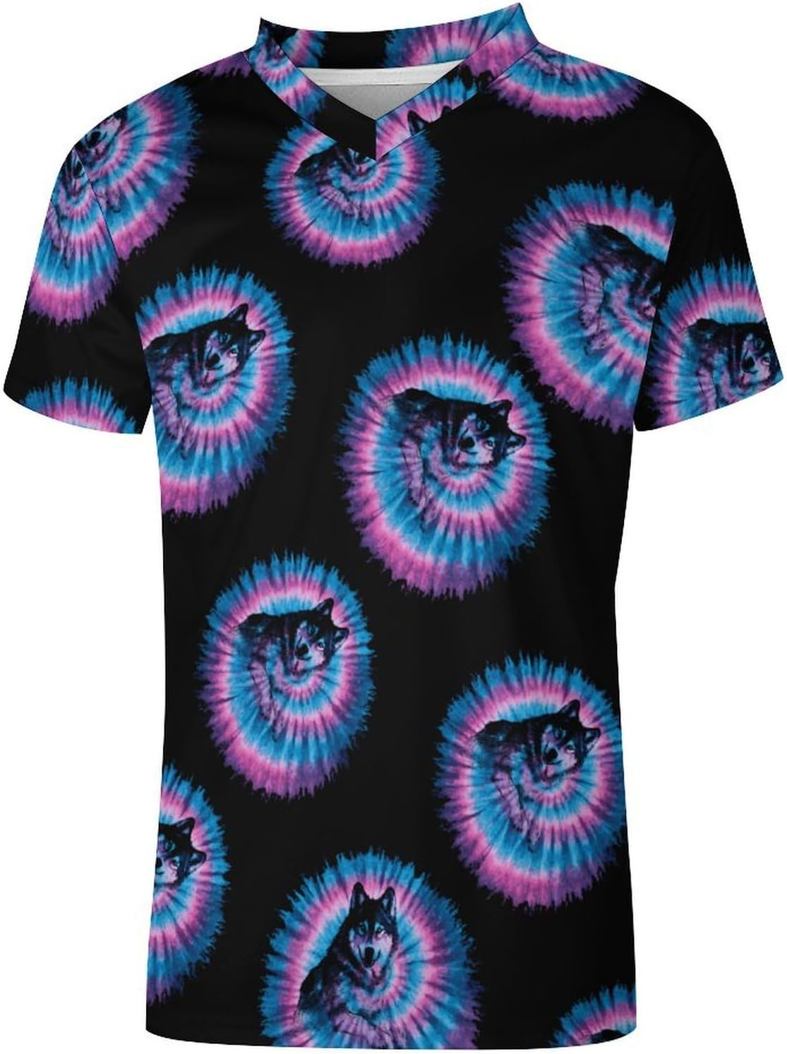 Tie Dye Wolf Mens V Neck Soccer Jersey Quick Dry Breathable Short Sleeve T Shirt Sports Football Tops 6X-Large