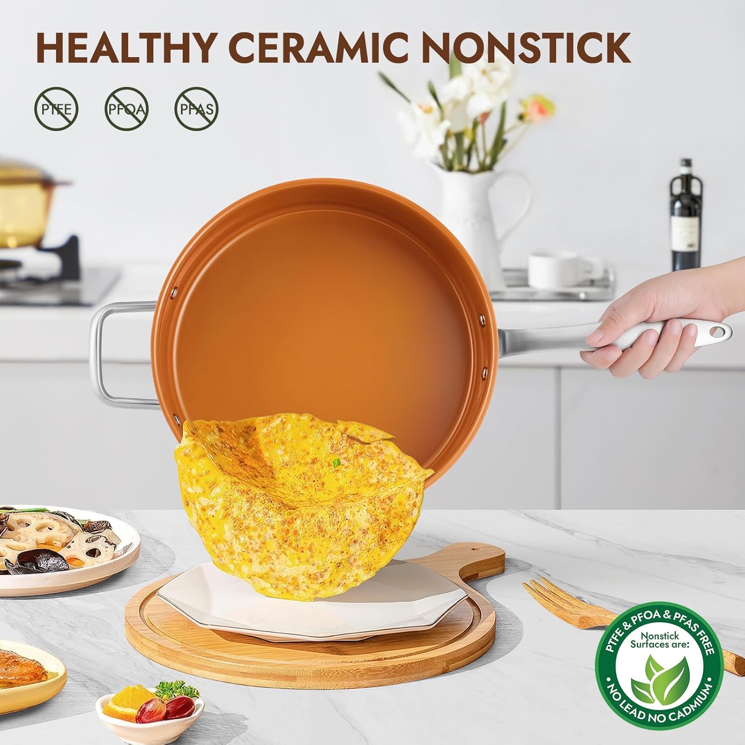 duxtop pro Ceramic Saute Pan with Lid, 5.5QT Nonstick Frying Pan without PFAS, PTFE, or PFOA, Stainless Steel Base Deep Skillet for All Cooktops, Oven & Dishwasher Compatible