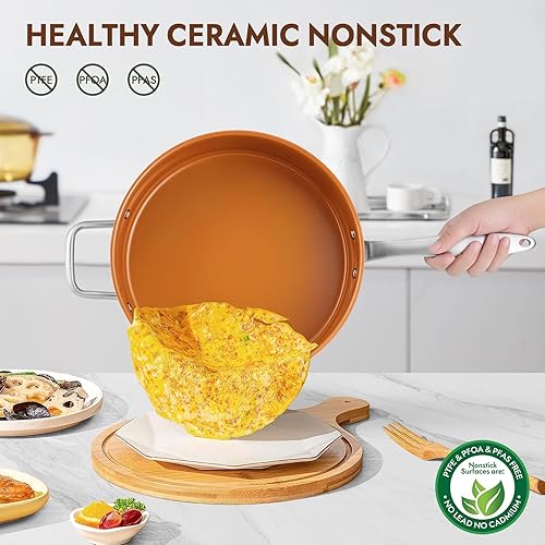 Miniatura 2 de Sartén de cerámica con tapa, sartén antiadherente de 5.5 cuartos de galón sin PFAS, PTFE o PFOA, base de acero inoxidable, sartén profunda para