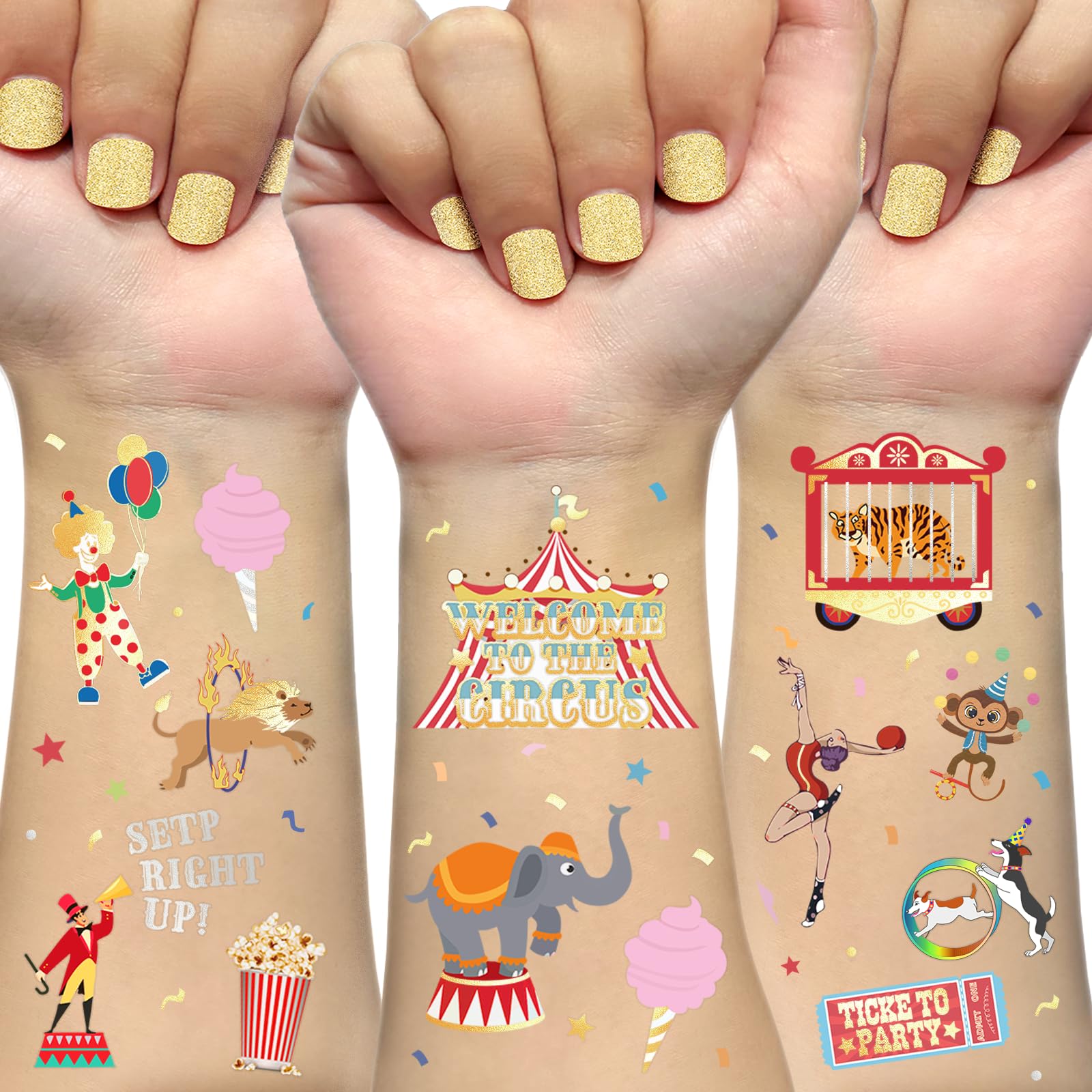 Carnival Circus Temporary Tattoos for Kids 42 Glitter Styles Circus Theme Party Favors Carnival Party Decorations