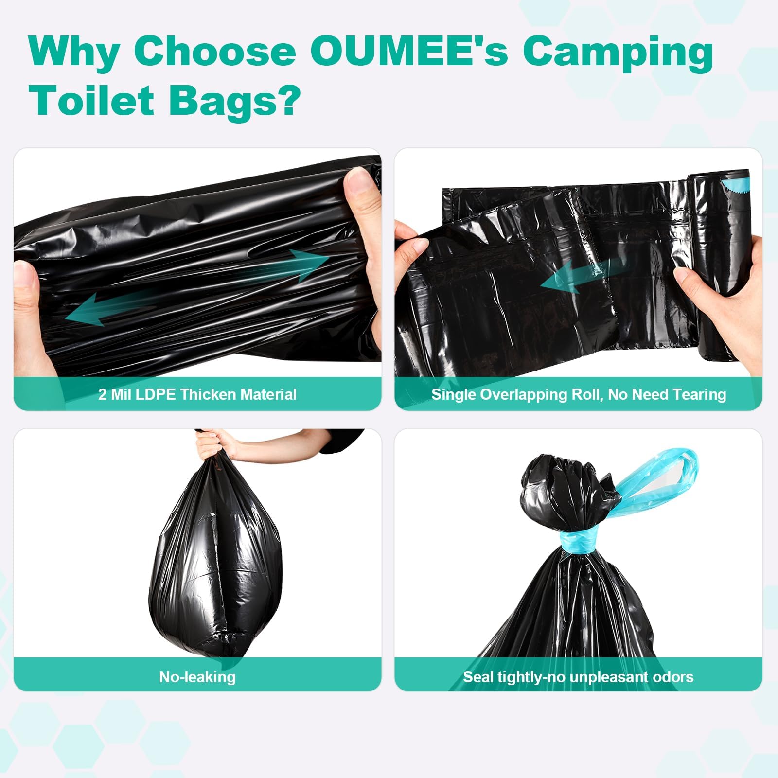 OUMEE 60 tragbare Toilettenbeutel Kotgel-Set, 8 Gallonen Camping-Toilettenbeutel mit saugfähigem Toilettengel, Toilettenabfallbeutel, auslaufsichere Müllbeutel für Outdoor-Camping-Toilette, Reisen,