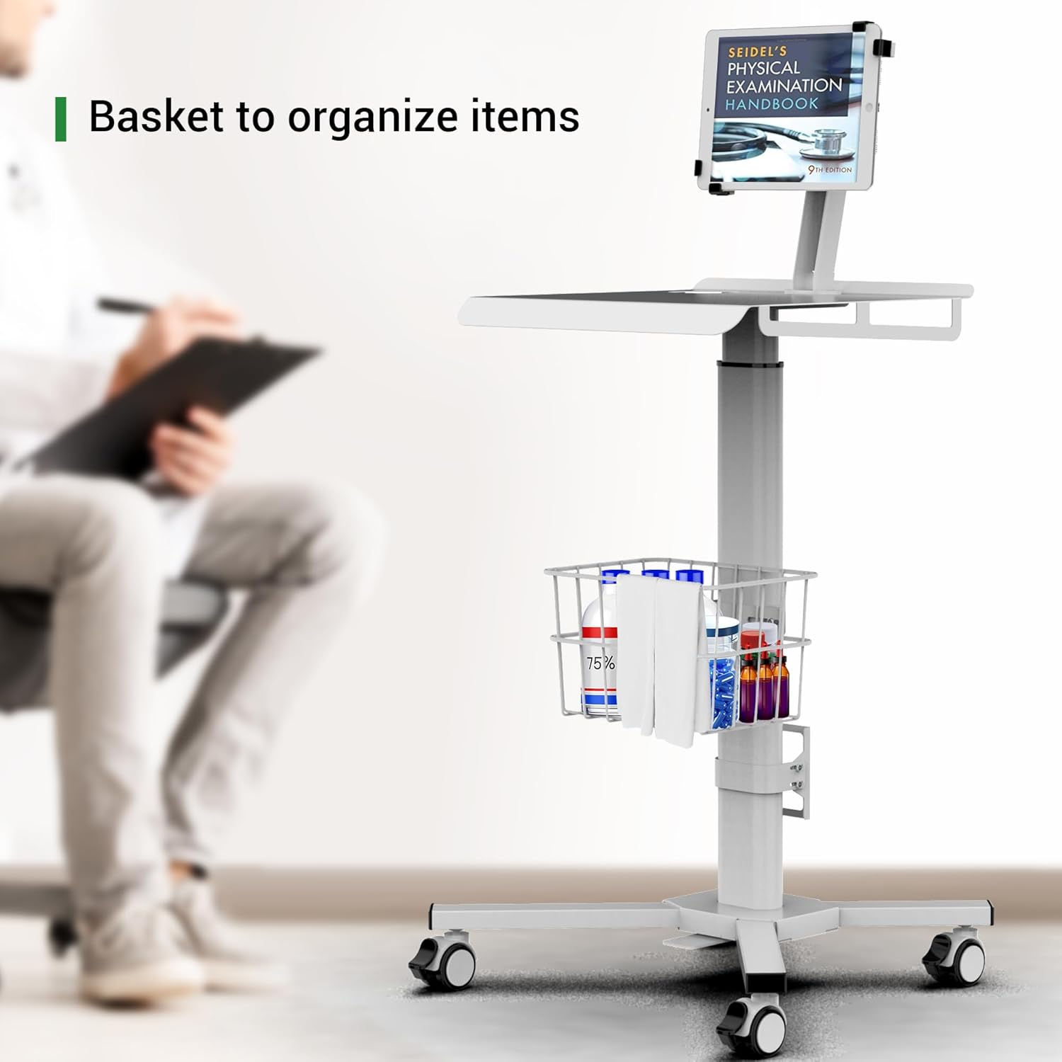 Mobile Medical Tablet Cart Compatible with 9.7-12.9” iPad, Rolling Medical Workstation, Mobile Tablet Workstation for Hospital, Clinic, Library, Restaurant, Rolling Floor Stand Cart