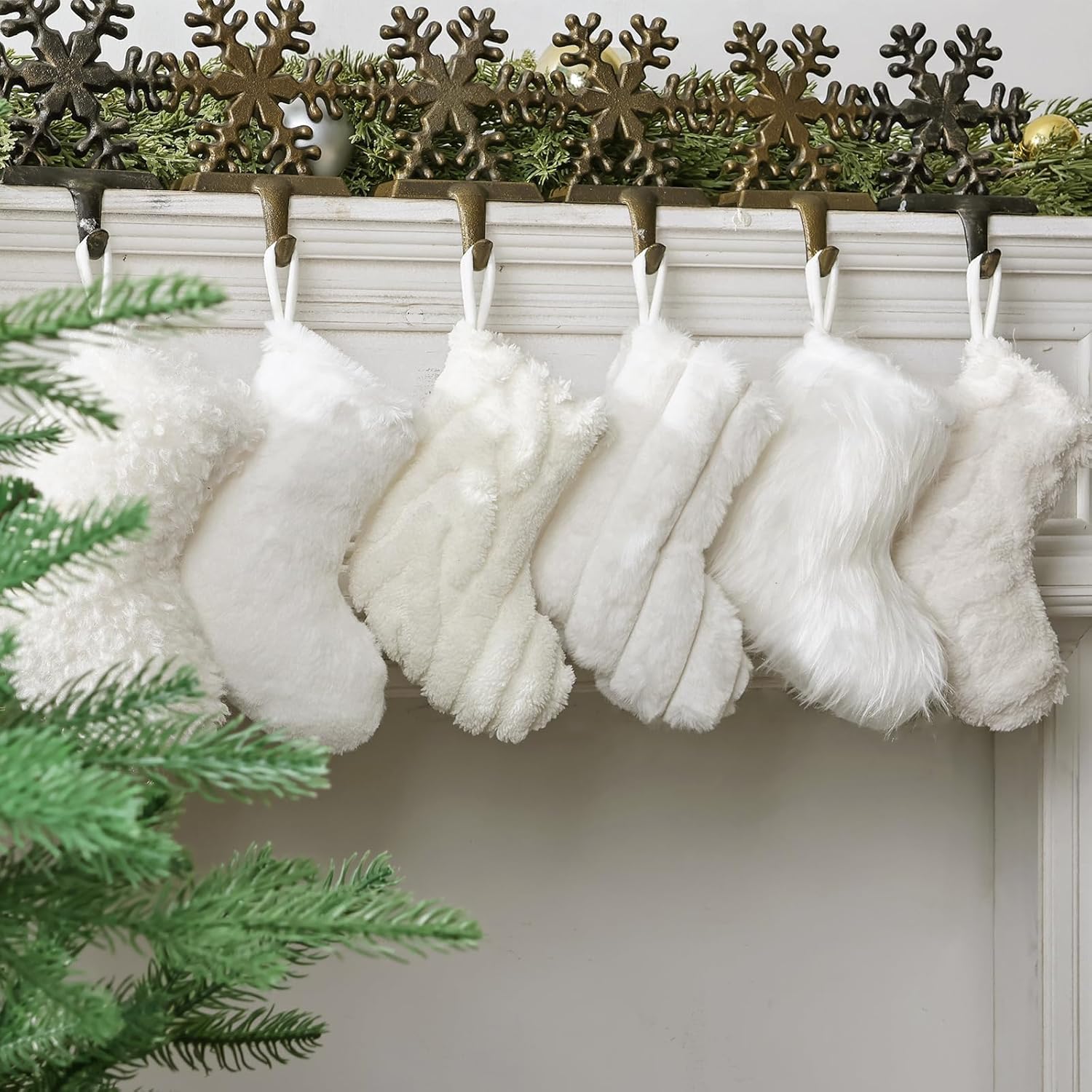 Rustic Mini Christmas Stockings, 6 Pack 9 Inch Luxury Snow White Thick Plush Faux Fur Stocking with 6 Styles of Textured Patterns, Farmhouse Home Decor Party Decorations Gift for Mantal Fireplace