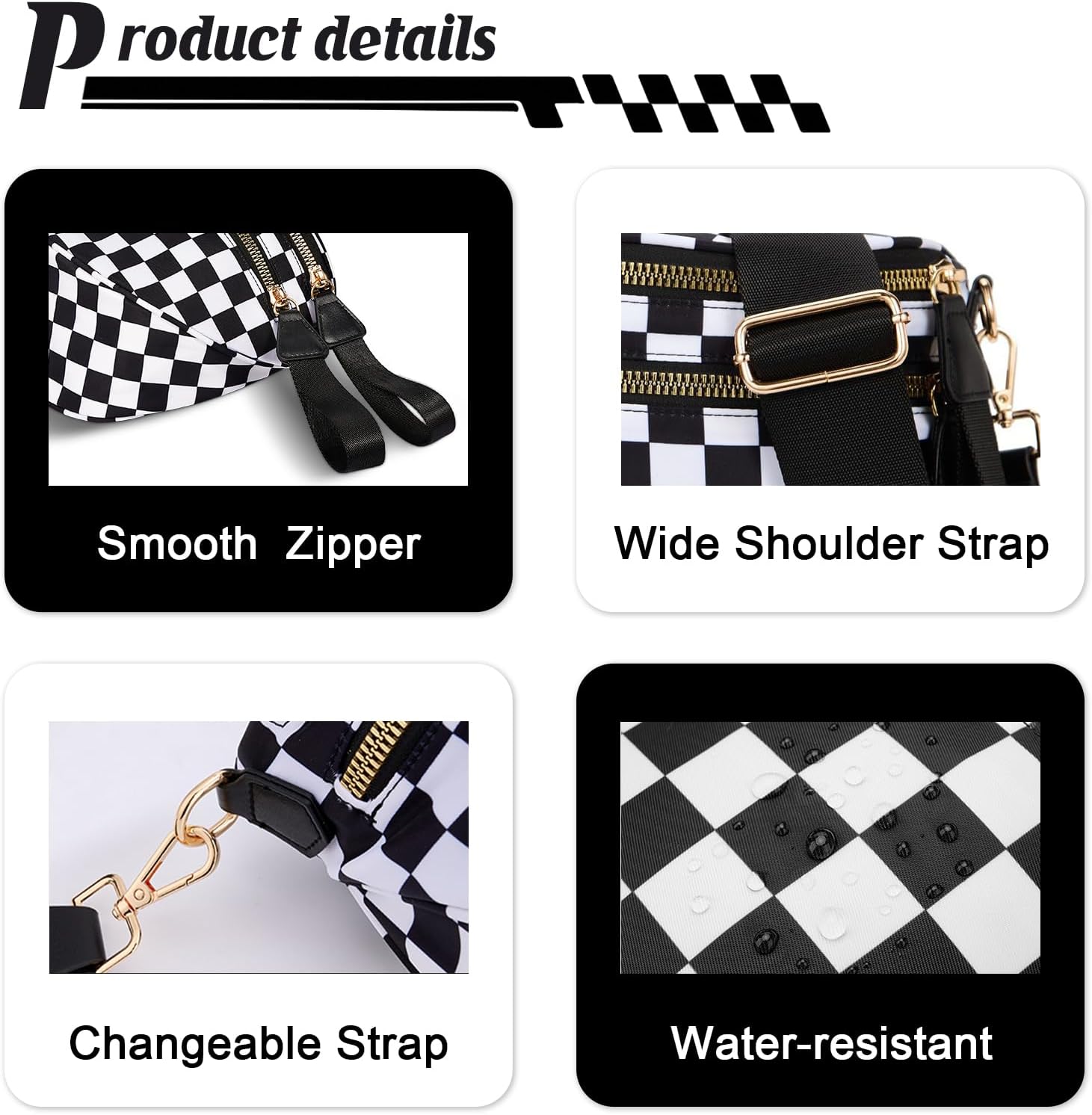 Checkered Black Crossbody Bags for Women Spacious Nylon Hobo Bum Bag Everyday Purse Fanny Packs Trendy Cross Body Bag for Woman Travel (Black and White Checkered)