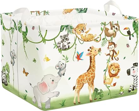 Giraffes Baby Laundry Hamper with Handle Collapsible Clothes Kids Storage Basket Elephants Boys Girls Gift Toy Box Bin for Nursery Room, White, 36L
