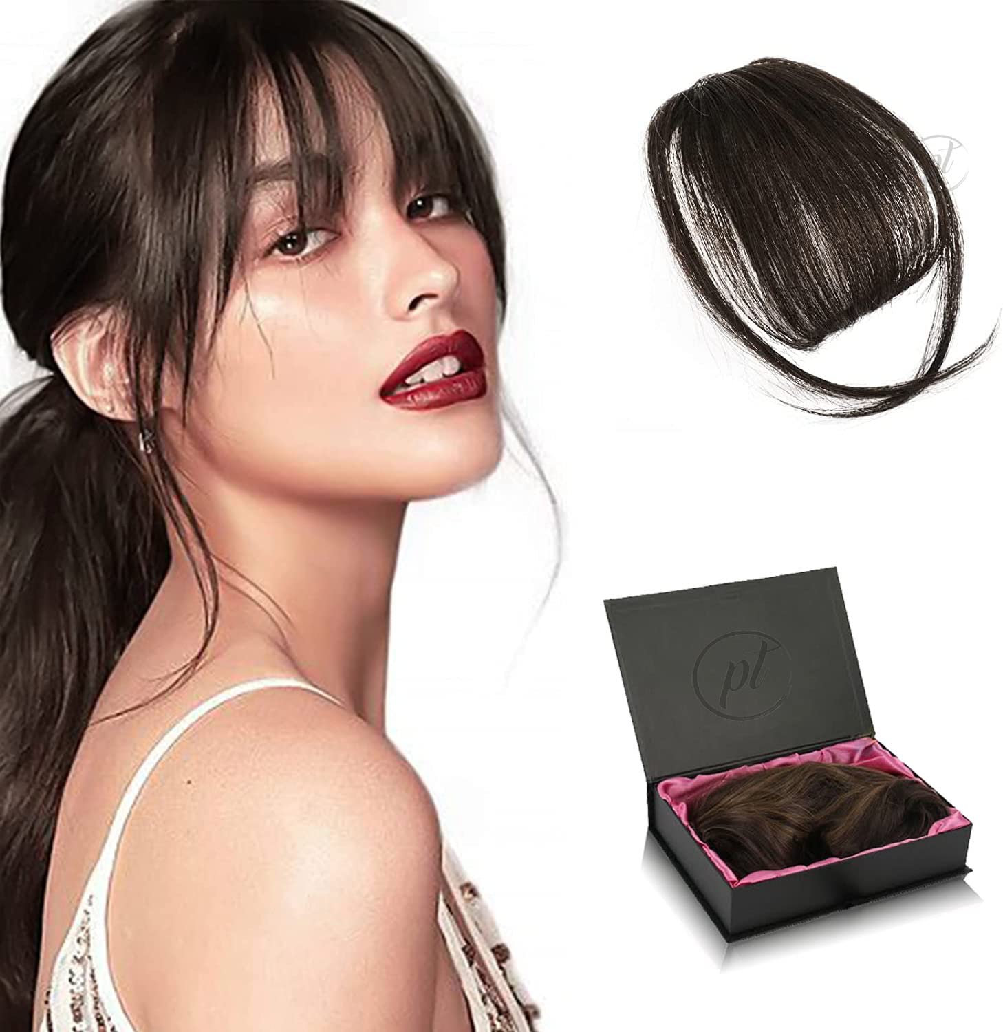 Promote Trader 1pc Clip in Wispy Light Bangs Hair Extensions, Dark Brown Remy Hair Extension Natural Straight Real Human Hair Wig for Women