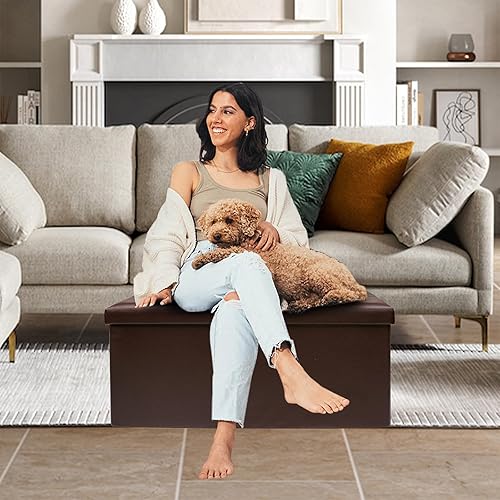 Miniatura 2 de xuperbonus Otomana plegable de almacenamiento de 30 pulgadas, otomana de cuero sintético marrón, banco de almacenamiento para dormitorio, sala de