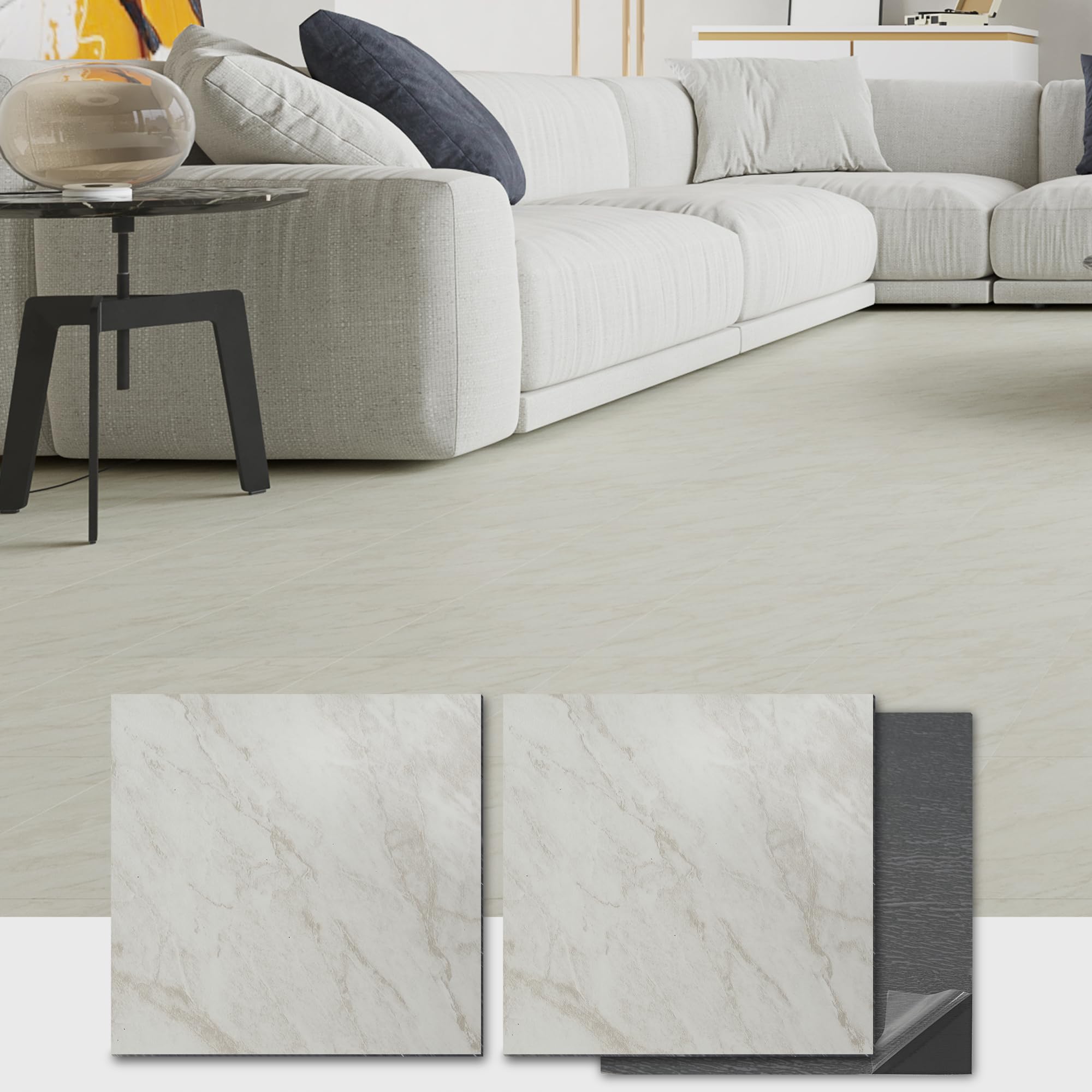 ACCOR HOME 12" x 12" Peel and Stick Floor Tile, Self Adhesive Vinyl Flooring, 20 Tiles Grayish White Marble Pattern Peel and Stick Tile for Kitchen,