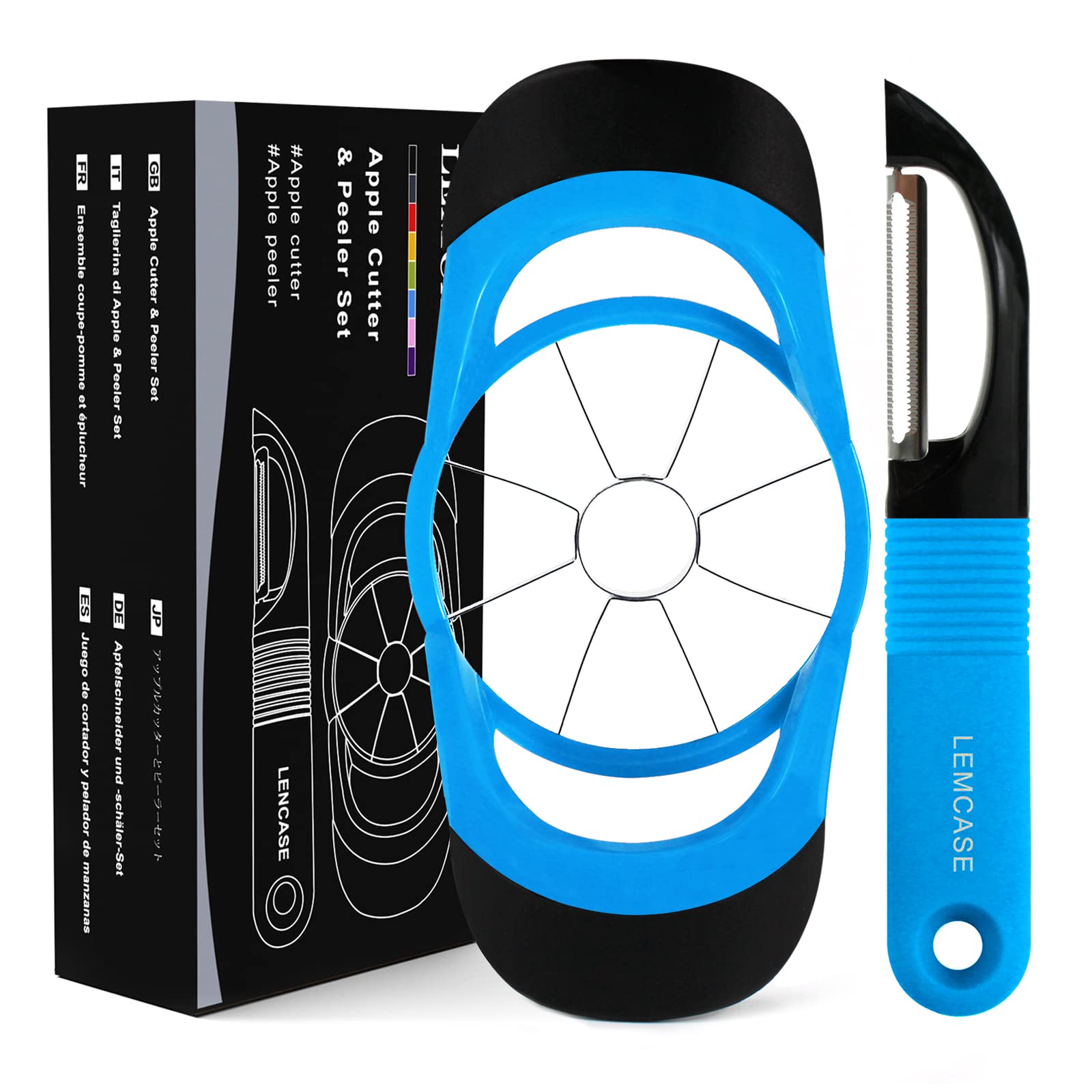 LEMCASE Apple Slicer Cutter Corer and Peeler for Fruit Vegetable - Silicone Handle and Stainless Steel Blades| Blue (2 Pieces Set)